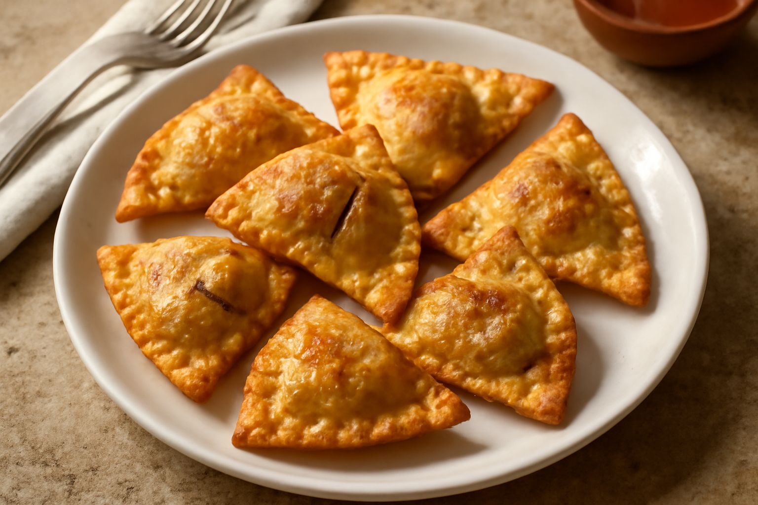 Impanadas dorate e croccanti disposte su un piatto bianco, tagliate a metà per mostrare il ripieno di carne macinata con cipolle e peperoni, contorno di salsa rossa
