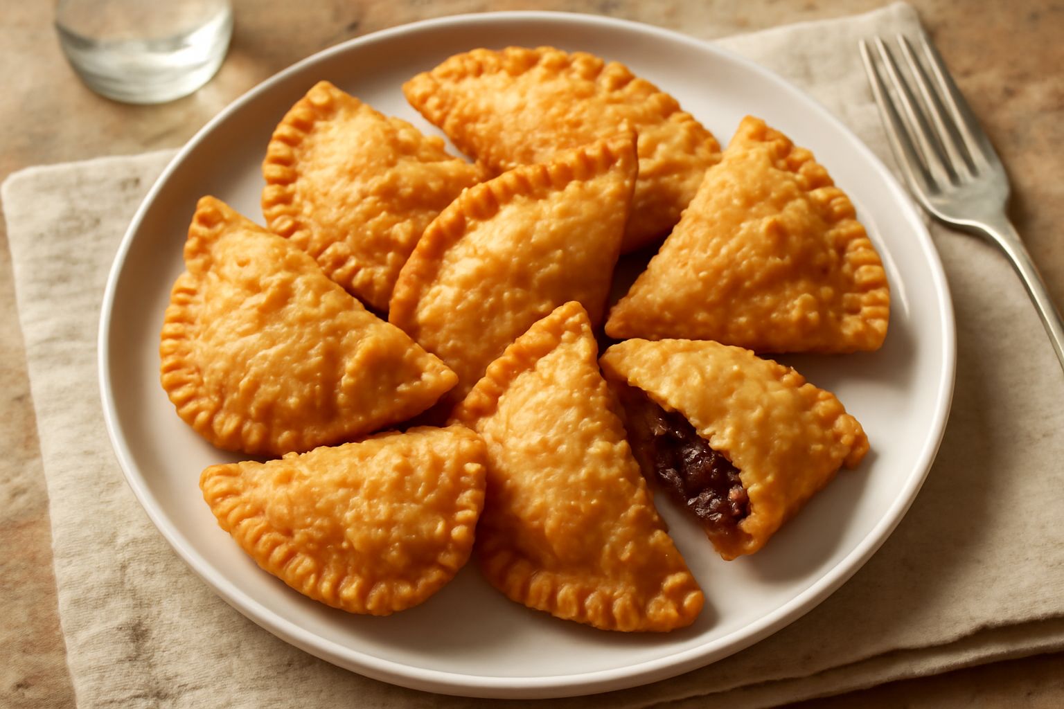 Impanadas dolci dorate e croccanti appoggiate su un piatto bianco, riempite di marmellata e frutta, con zucchero a velo sparso sopra e una salsa di caramello sul bordo