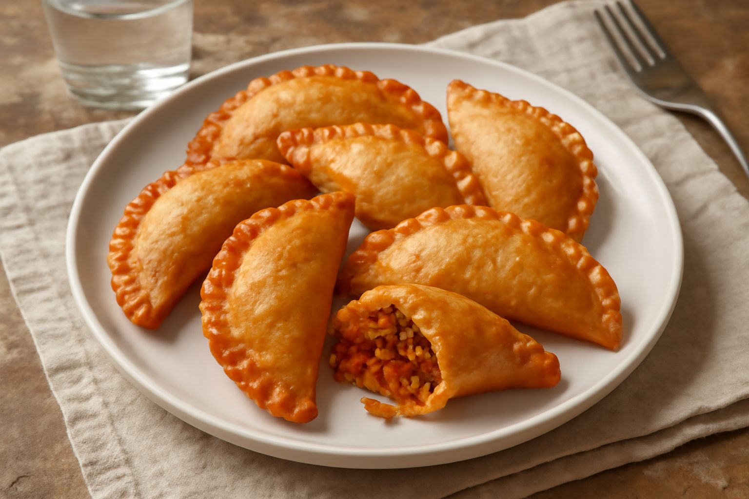 Impanadillas dorate e croccanti disposte su un piatto bianco, con forme triangolari appena fritte, vapore tiepido che sale, bordi perfettamente sigillati