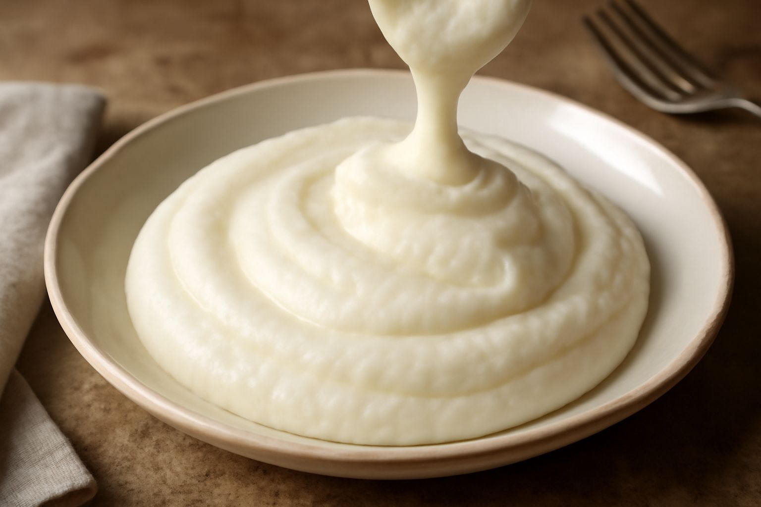 Ciotola di vetro con impasto dolce di ricotta cremoso di colore bianco avorio, con una spatola in legno che lo mescola dolcemente, su sfondo di marmo bianco con ricotta fresca e uova accanto