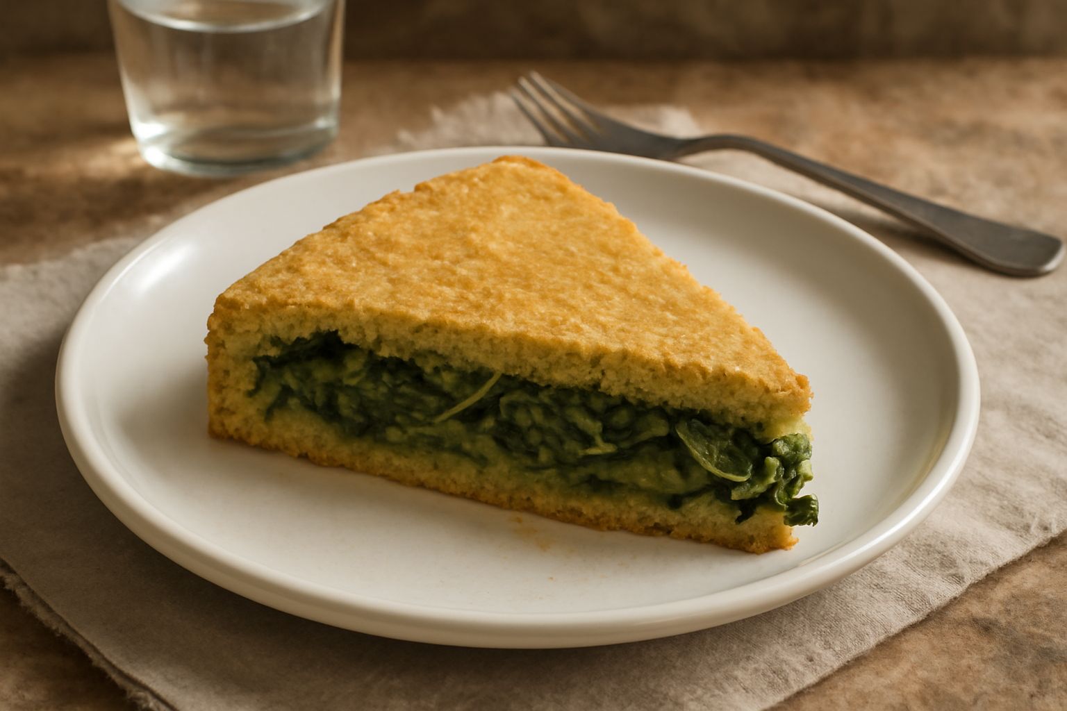 Impasto friabile dorato e croccante in una ciotola di vetro, con pezzi di cicoria verde scuro visibili nella pasta, accanto a una spatola di legno e ingredienti sfusi: burro freddo, farina, sale