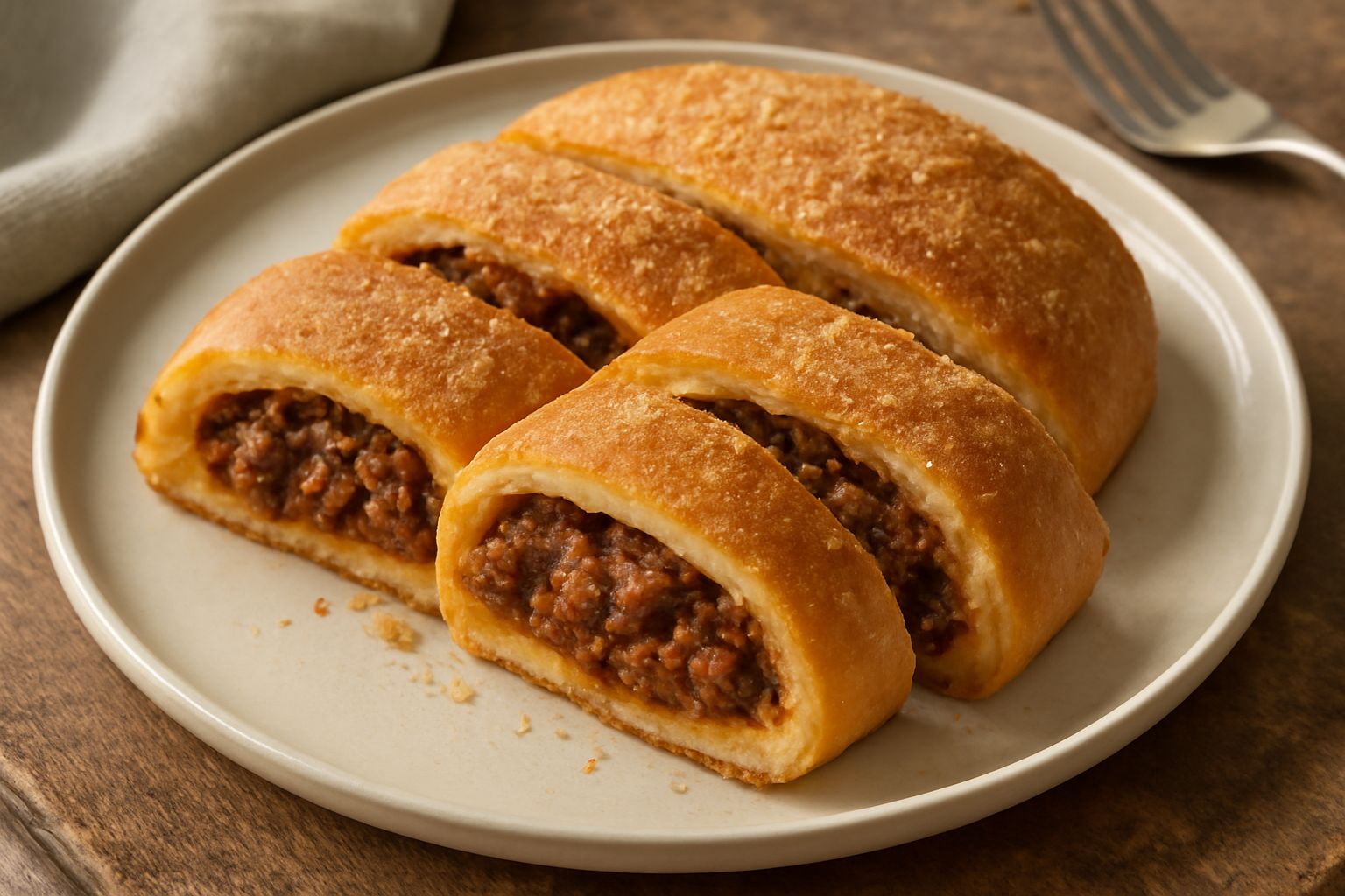 Impasto ripieno di ragù tagliato a fette, mostra la pasta dorata e croccante all'esterno con il ripieno di ragù marrone scuro visibile al taglio, servito su un piatto bianco con contorno di verdure