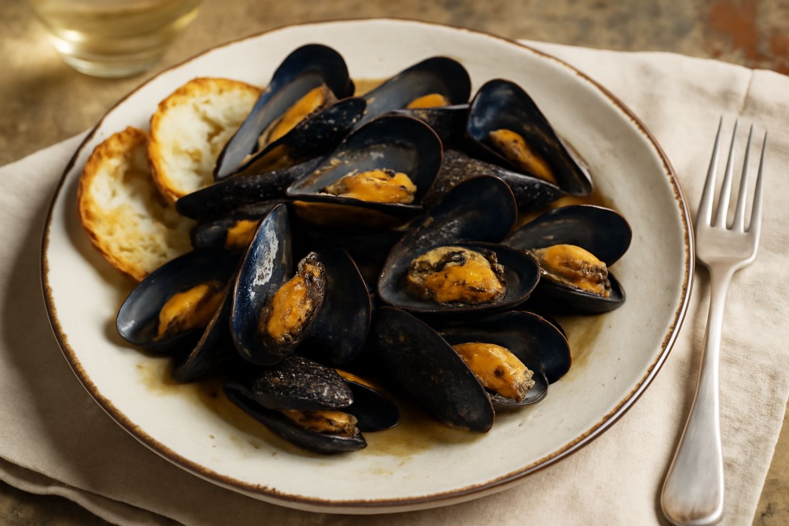 Ciotola di ceramica bianca con cozze aperte nere e guscio marrone scuro immerse in brodo trasparente con gocce di olio d'oliva e pepe nero visibile, pane tostato ai lati