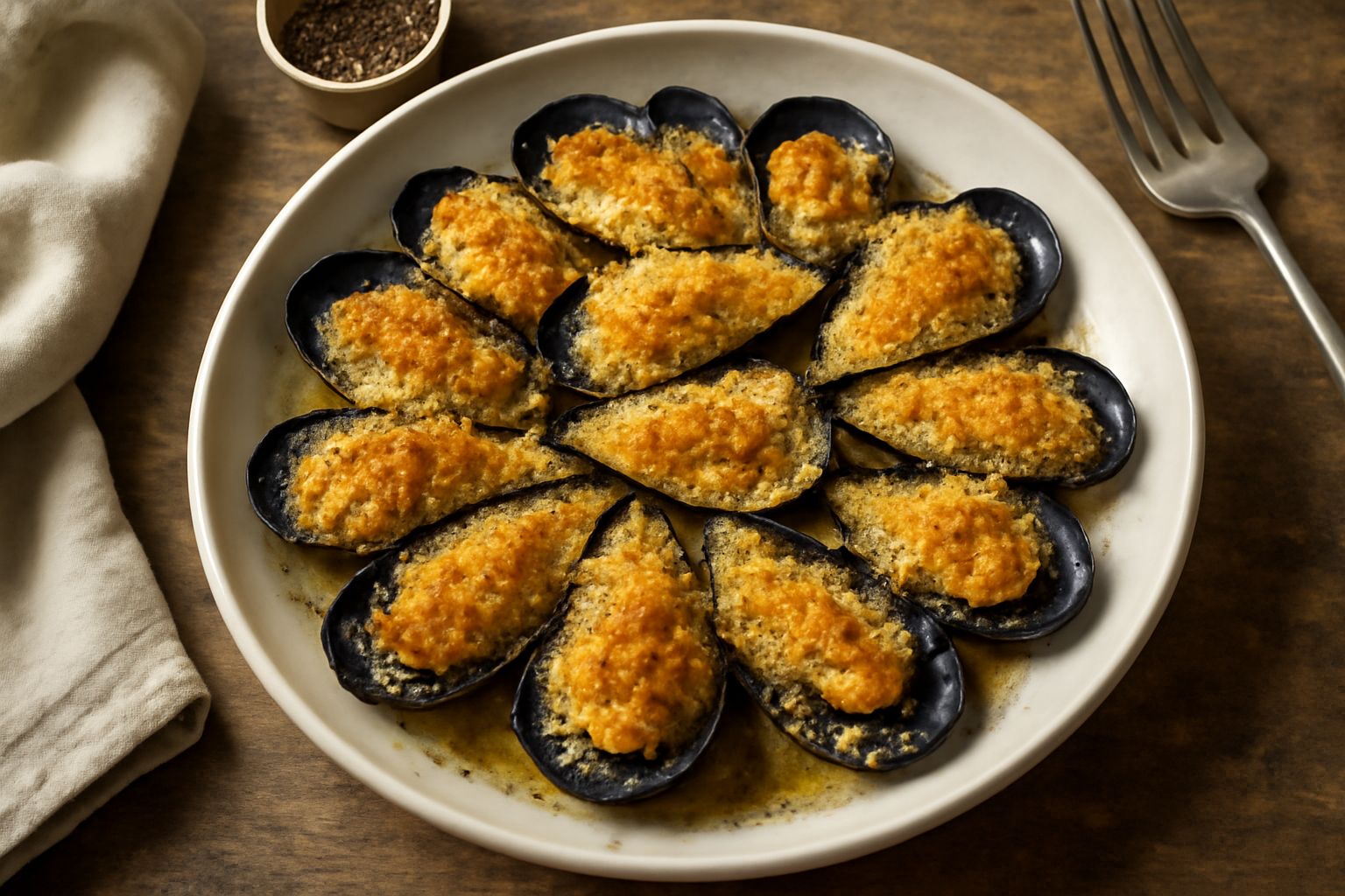 Impepata di cozze in crosta dorata servita in un piatto bianco, cozze aperte rivestite di pangrattato croccante, pepe nero visibile sulla superficie, accompagnate da limone fresco e prezzemolo verde