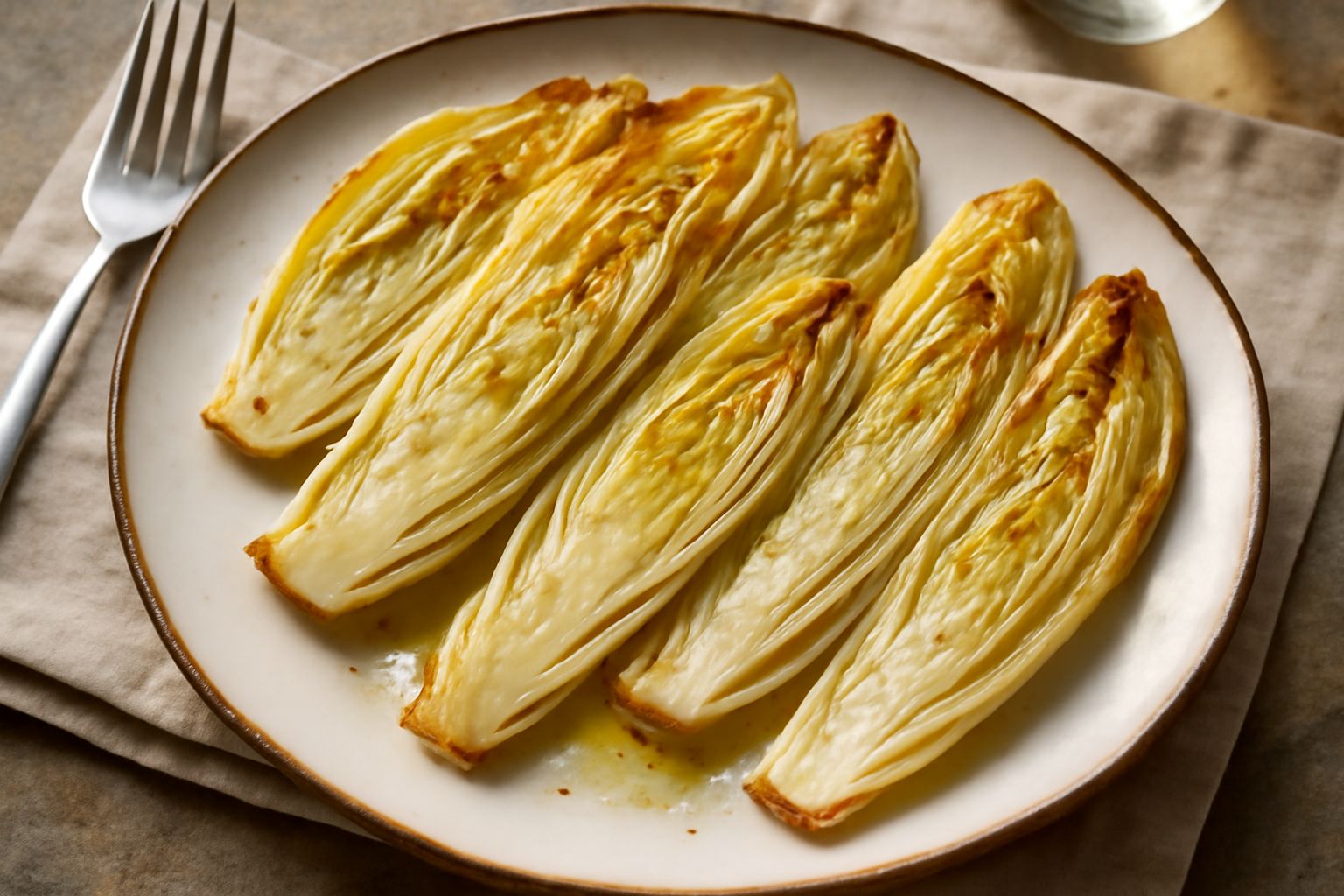 Teste di indivia belga bianca e gialla croccante, tagliate a metà, impiattate su un piatto bianco con un filo d'olio d'oliva, servite ancora calde dal forno