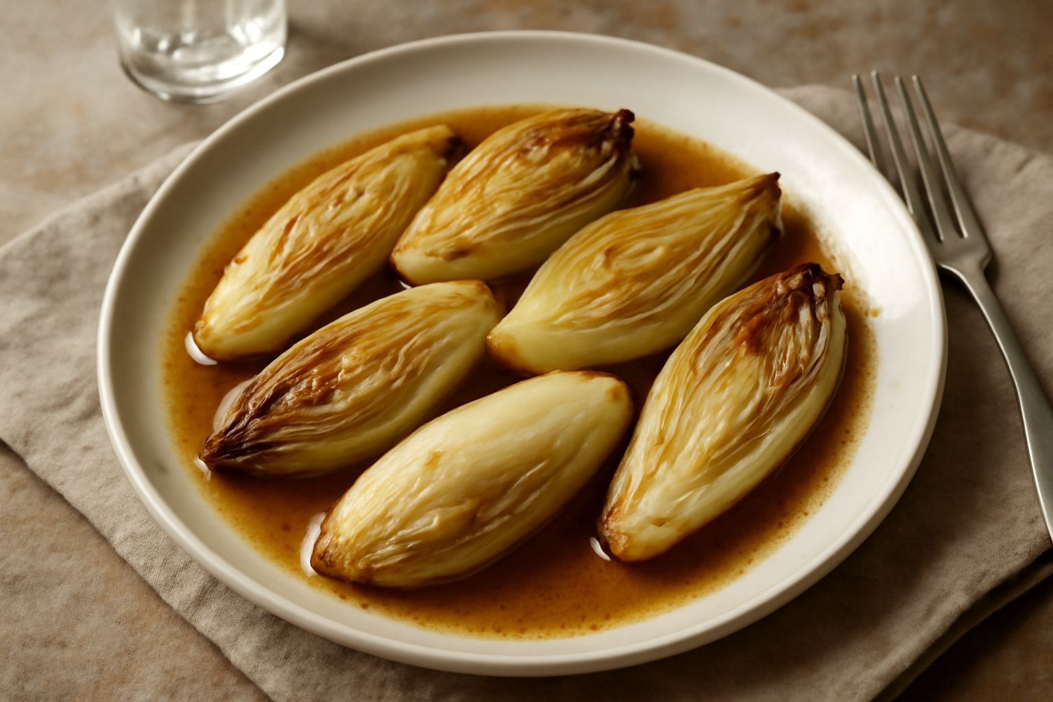 Cinque testine di indivia belga brasata, dorate e tenere, disposte simmetricamente in una ciotola bianca con salsa trasparente e leggermente caramellata, bordi leggermente scuriti, guarnizione di prez