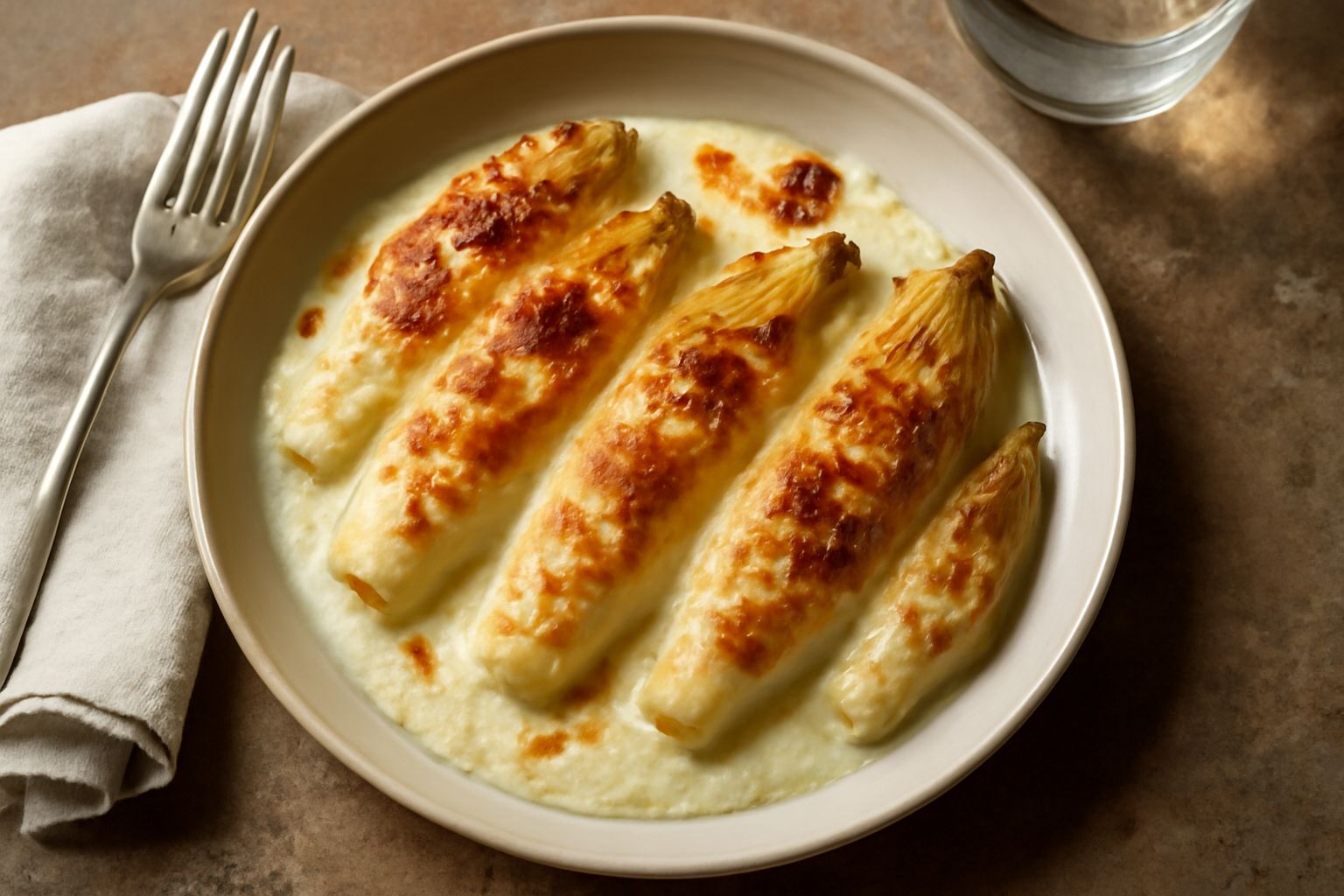 Indivia belga gratinata in pirofila: indivie avvolte in besciamella bianca cremosa, superficie dorata e croccante, guarnizione di formaggio fuso, vapore leggero che sale dal piatto, contorno di riso b