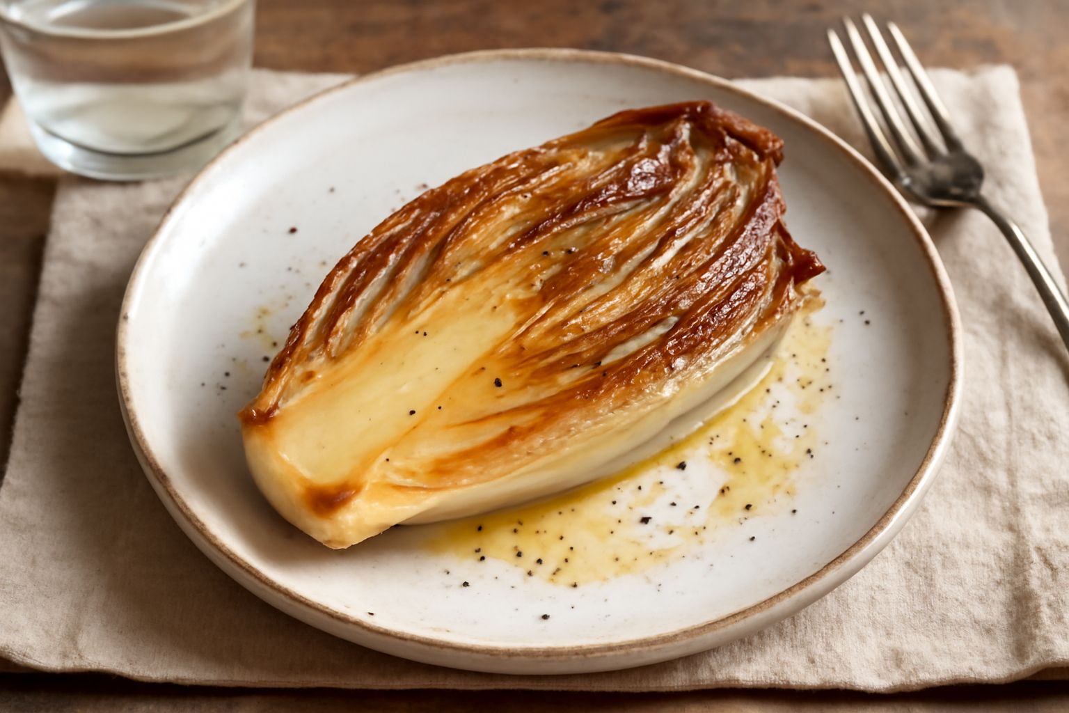 Indivia belga rosolata in padella, foglie color oro brunastro, cuore bianco intatto, olio e aglio nella base della padella, piatto bianco di fondo