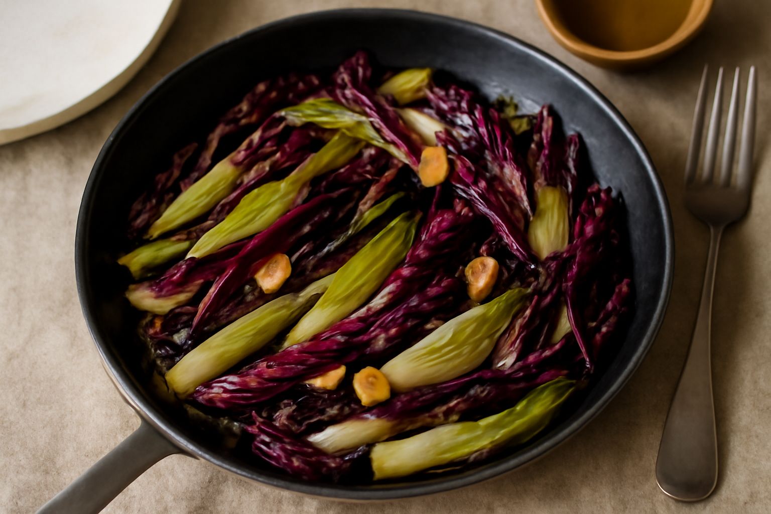 Indivia e radicchio trifolati in una padella bianca, con strisce croccanti di verde chiaro e rosso scuro, aglio dorato e gocce di olio lucido, serviti su un piatto bianco con una spruzzata di limone f