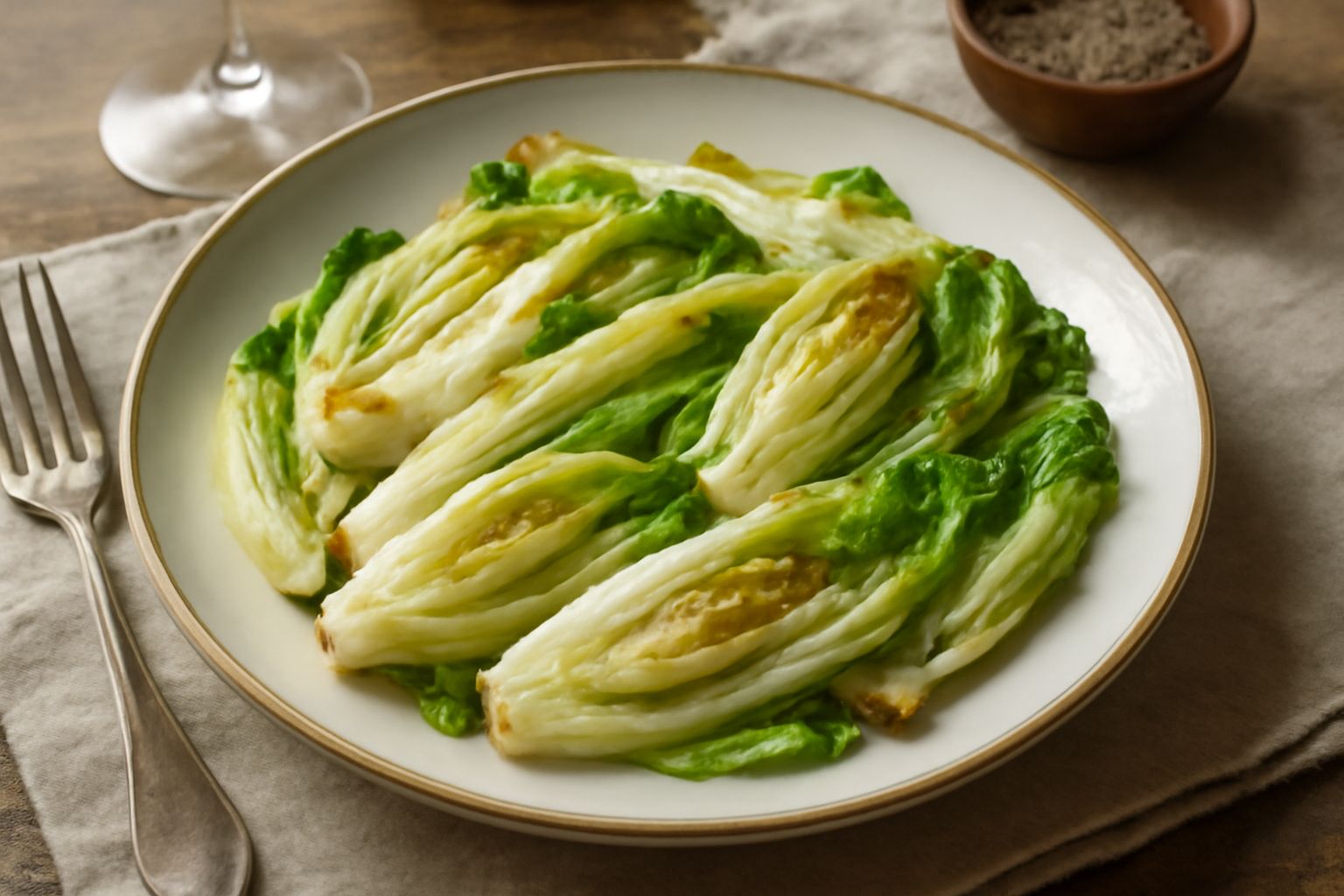 Indivia saltata in una padella antiaderente, foglie verde chiaro e bianche leggermente caramellate ai bordi, olio lucido in superficie, aglio dorato visibile tra le foglie