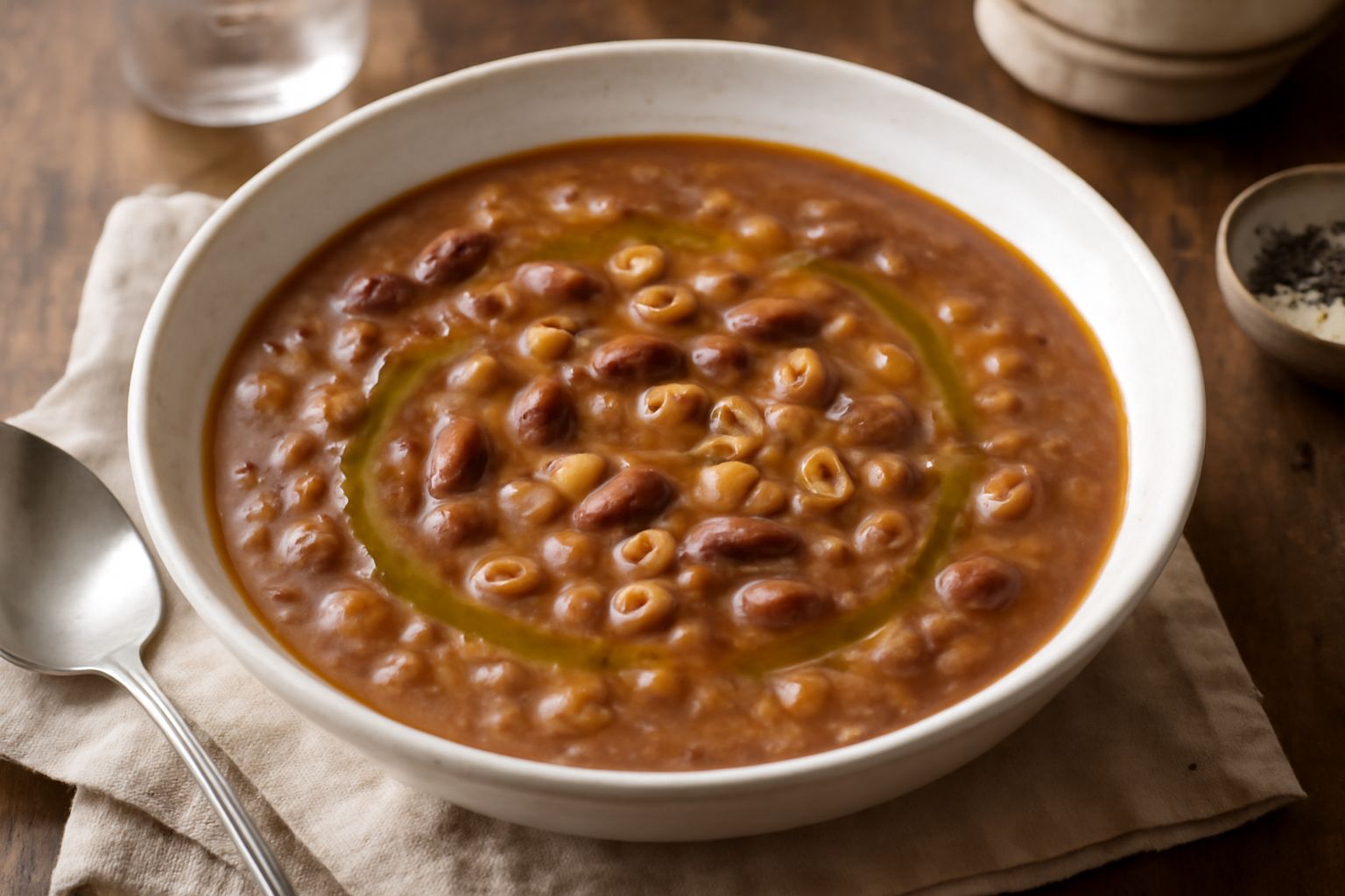 Una ciotola di ceramica bianca con Inferno di Valtellina: pasta corta e fagioli borlotti in brodo cremoso color marrone, guarnito con olio d'oliva verde e una spruzzata di pepe nero, su un tavolo di l