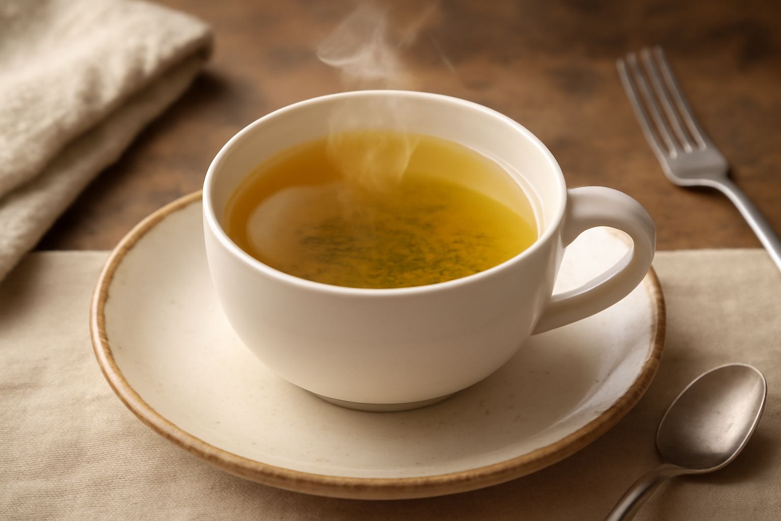 Tazza di vetro con infuso di artemisia dal colore giallo-dorato, foglie secche di artemisia sul fondo, vapore che sale dalla tazza, piattino bianco, cucchiaio di legno accanto
