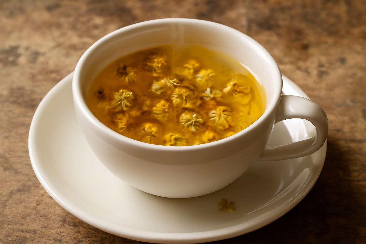 Tazza bianca di porcellana con infuso di camomilla color giallo dorato trasparente, fiori secchi galleggianti in superficie, vapore leggero che sale, piattino bianco in sottofondo sfocato
