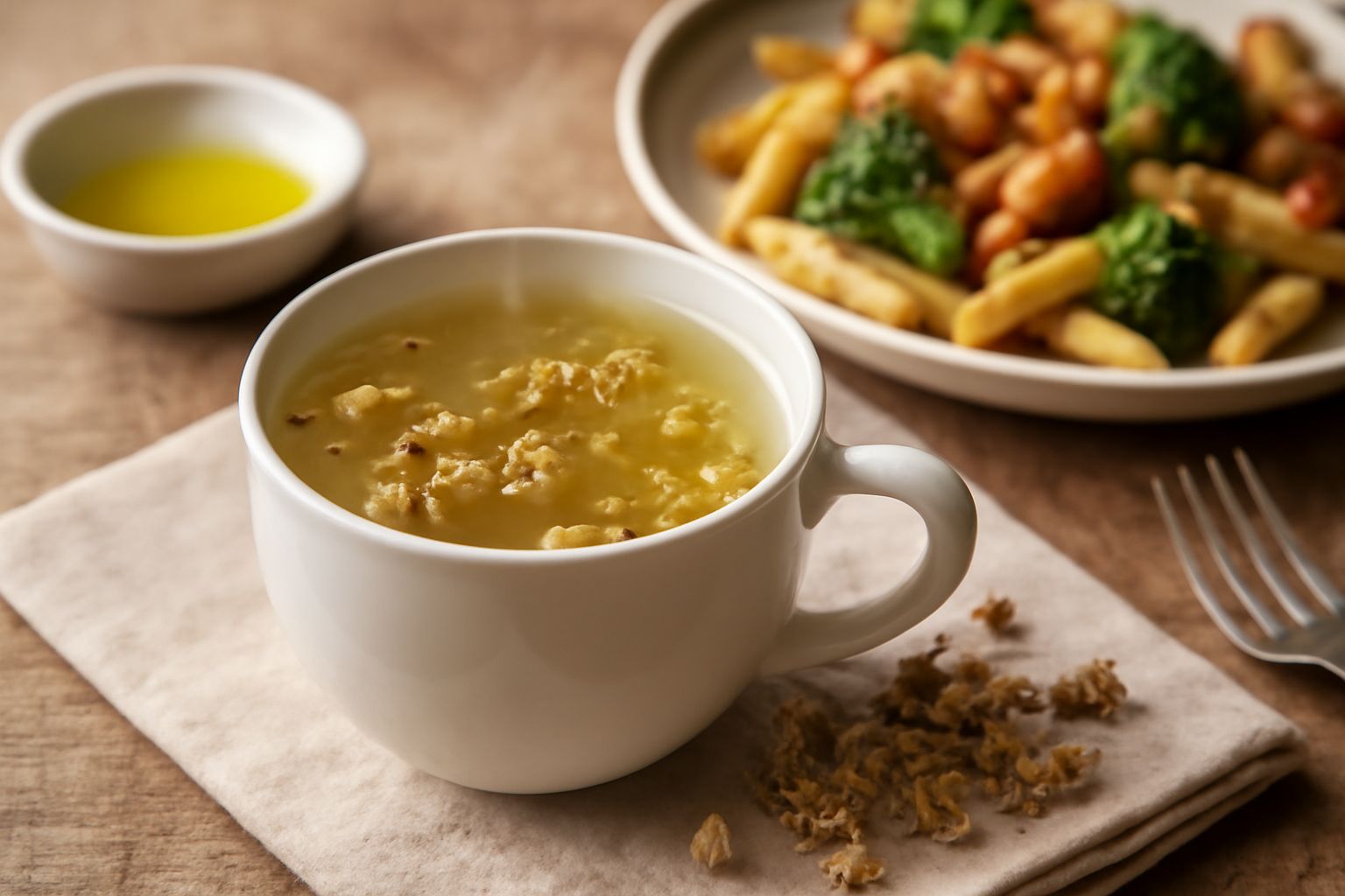 Una tazza di ceramica bianca con infuso di camomilla giallo pallido, fiori secchi di camomilla intorno, vapore delicato, tavolo di legno chiaro con luce naturale