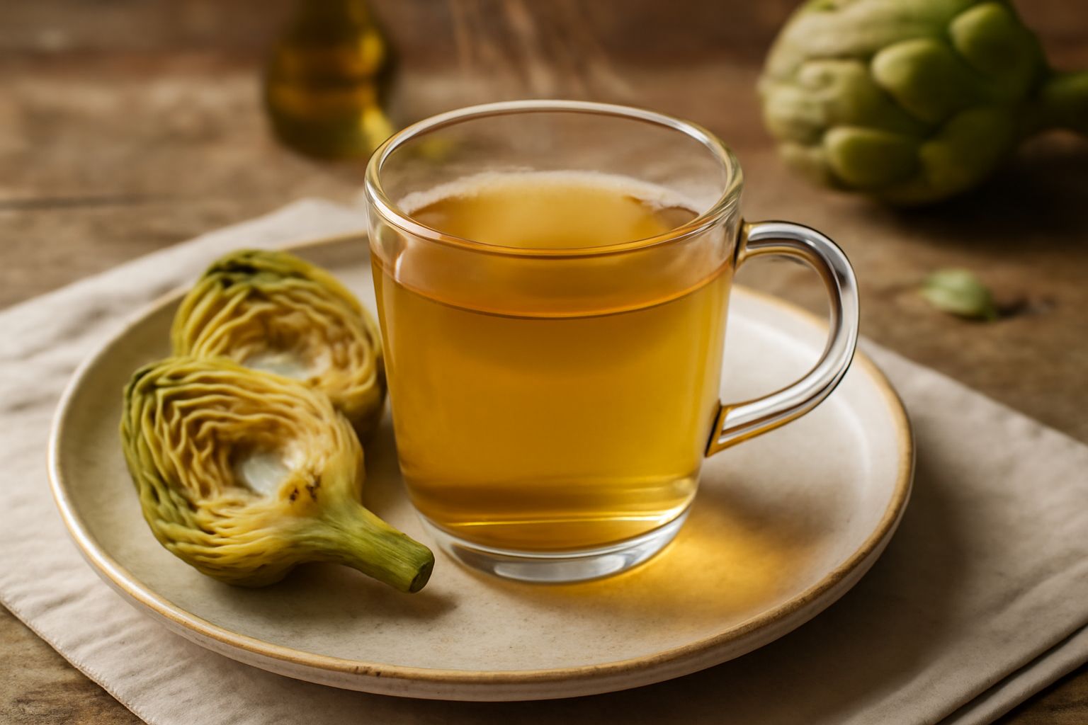 Tazza bianca con infuso di carciofi dal colore giallo dorato, con sguardo dall'alto su piattino, circondato da foglie di carciofo secche e fresche su un tavolo di legno chiaro
