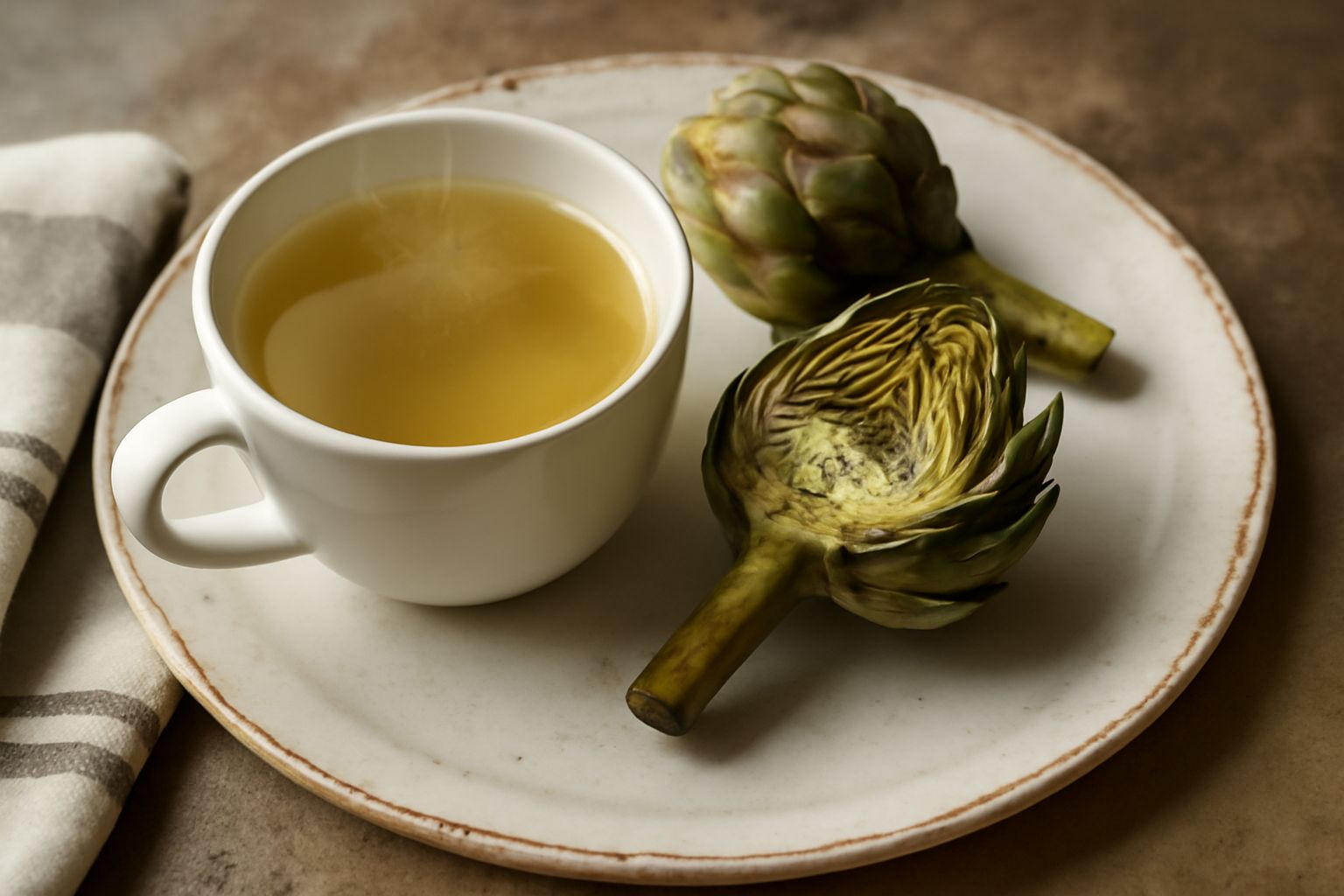 Una tazza di ceramica bianca contiene un infuso di carciofo dal colore giallo-verdognolo trasparente, con una foglia di carciofo fresca accanto e vapore leggero che sale dalla bevanda