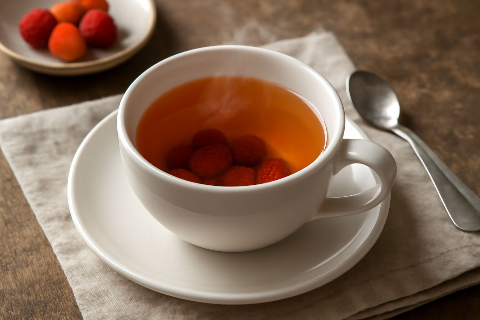 Tazza in ceramica bianca con infuso di corbezzoli di colore ambrato, vapore leggero che sale dal bordo, accanto alcuni frutti rossi-arancioni secchi su piattino di legno
