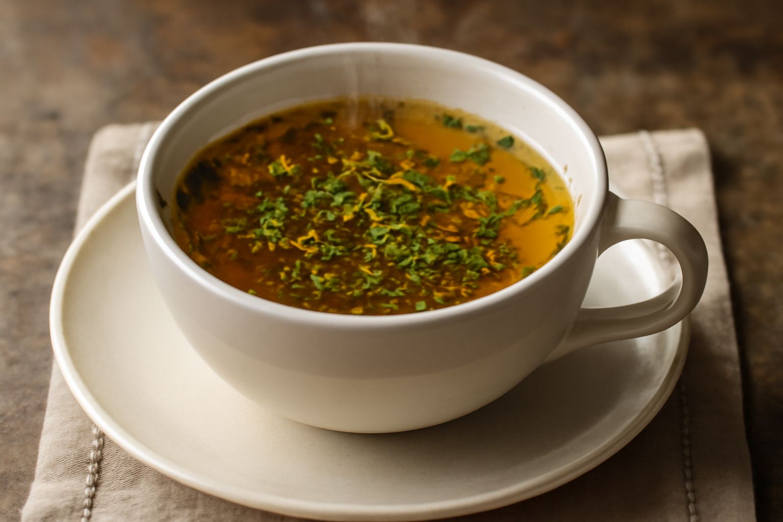 Una tazza in ceramica grigia con infuso color ambrato, circondato da rametti di timo, salvia verde e fiori secchi di camomilla su un piano di legno chiaro