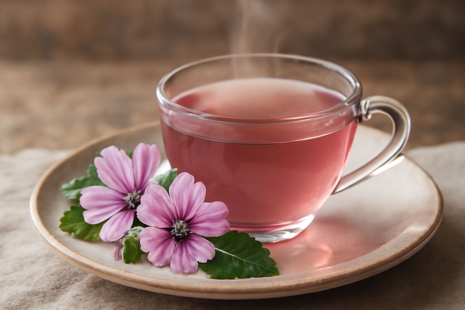 Una tazza bianca di ceramica riempita di infuso di malva color rosa pallido, con un piattino, accanto fiori di malva fresca rosa e foglie verdi su un piano di marmo bianco