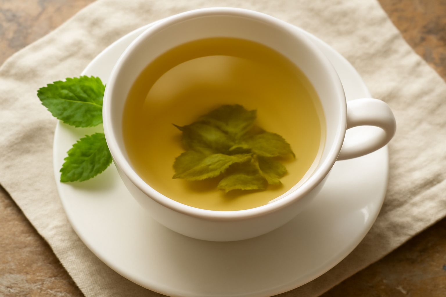 Tazza di vetro trasparente con infuso di melissa color giallo pallido, foglie fresche di melissa sul fondo, vapore leggero in risalita, piattino bianco di ceramica, sfondo neutro con foglie essiccate 