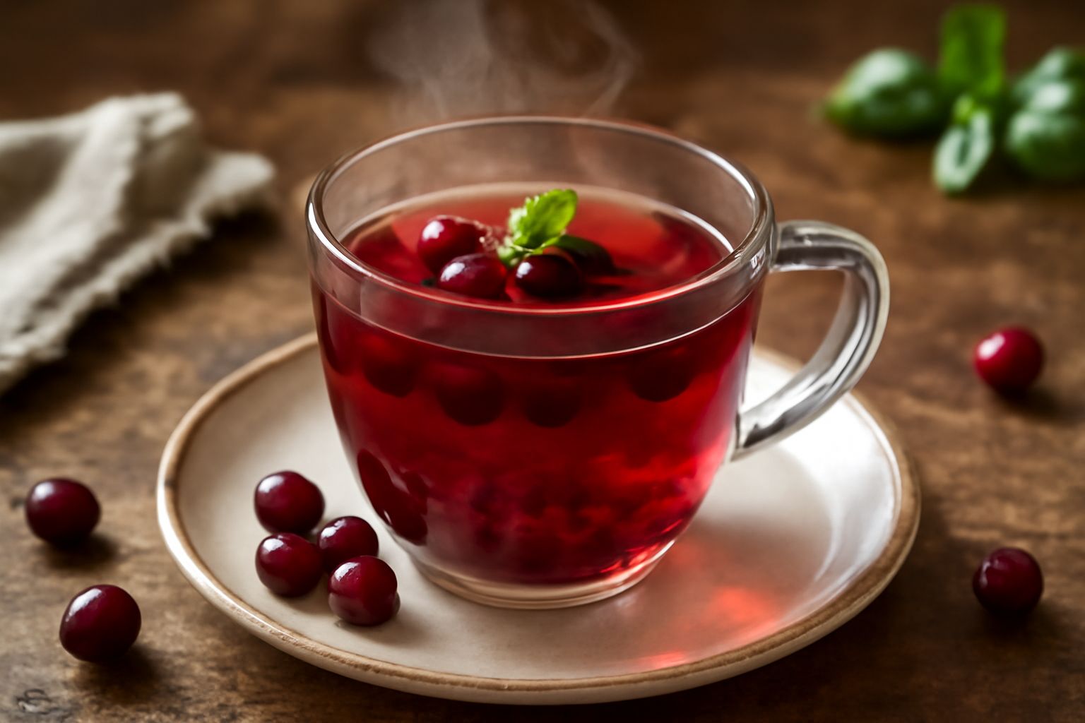 Una tazza di vetro trasparente con infuso di mirtillo di colore rosso scuro, mirtilli freschi blu sparsi accanto, vapore che sale dalla tazza su un piatto bianco