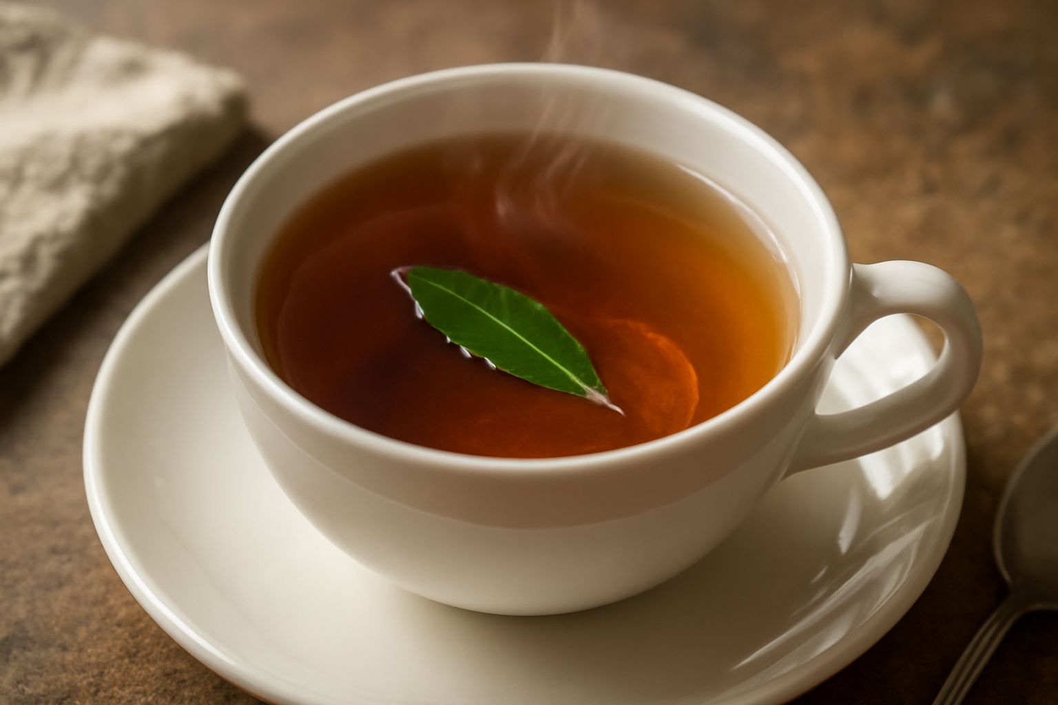 Tazza di porcellana bianca con infuso di mirto color ambra chiaro, una foglia di mirto fresca accanto, su sottobicchiere di lino beige, sfondo sfocato di bacche scure blu-nere su rami verdi