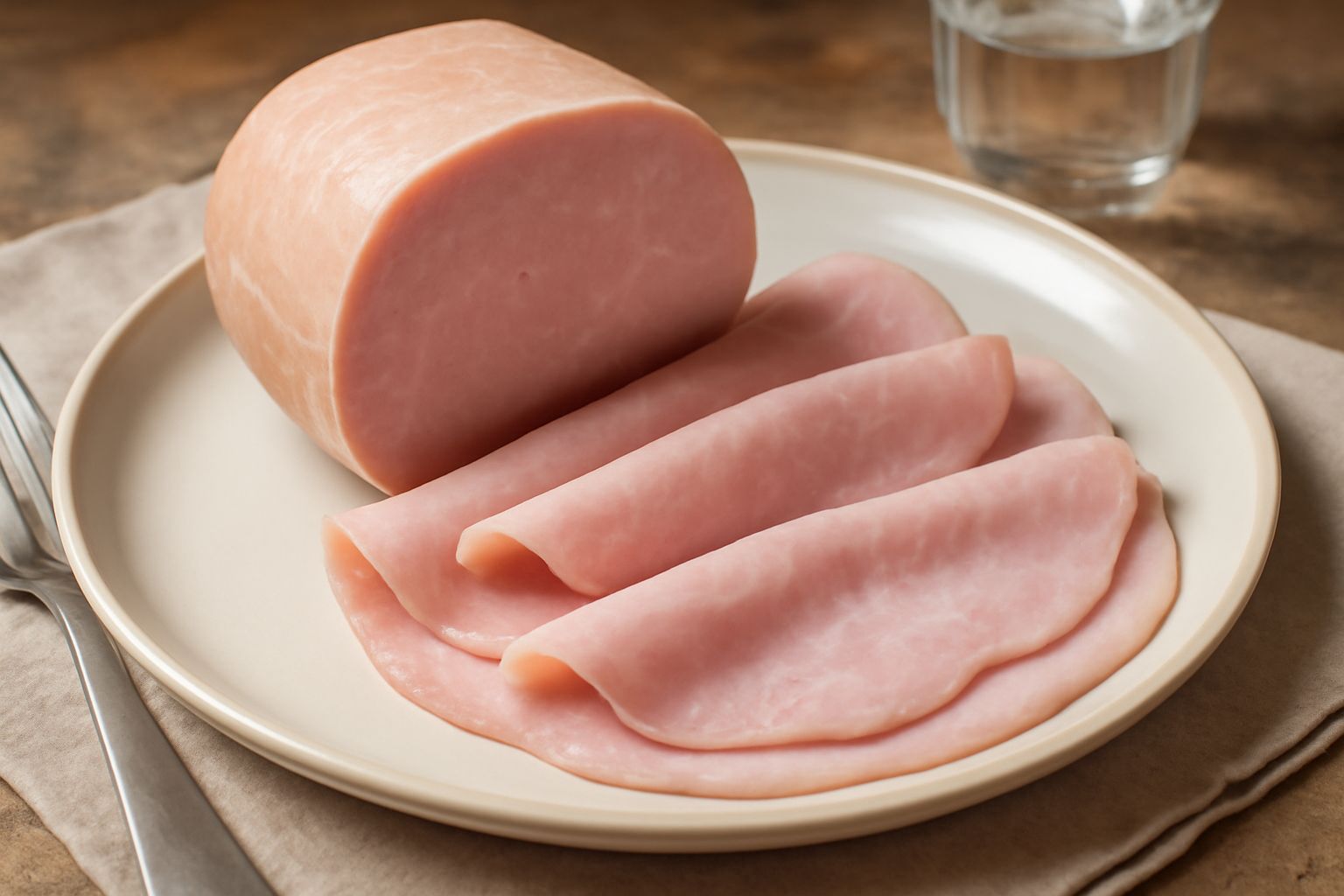 Spalla cotta affettata in fette regolari rosa pallido, adagiata su un piatto bianco con contorno di insalata verde fresca e pane tostato