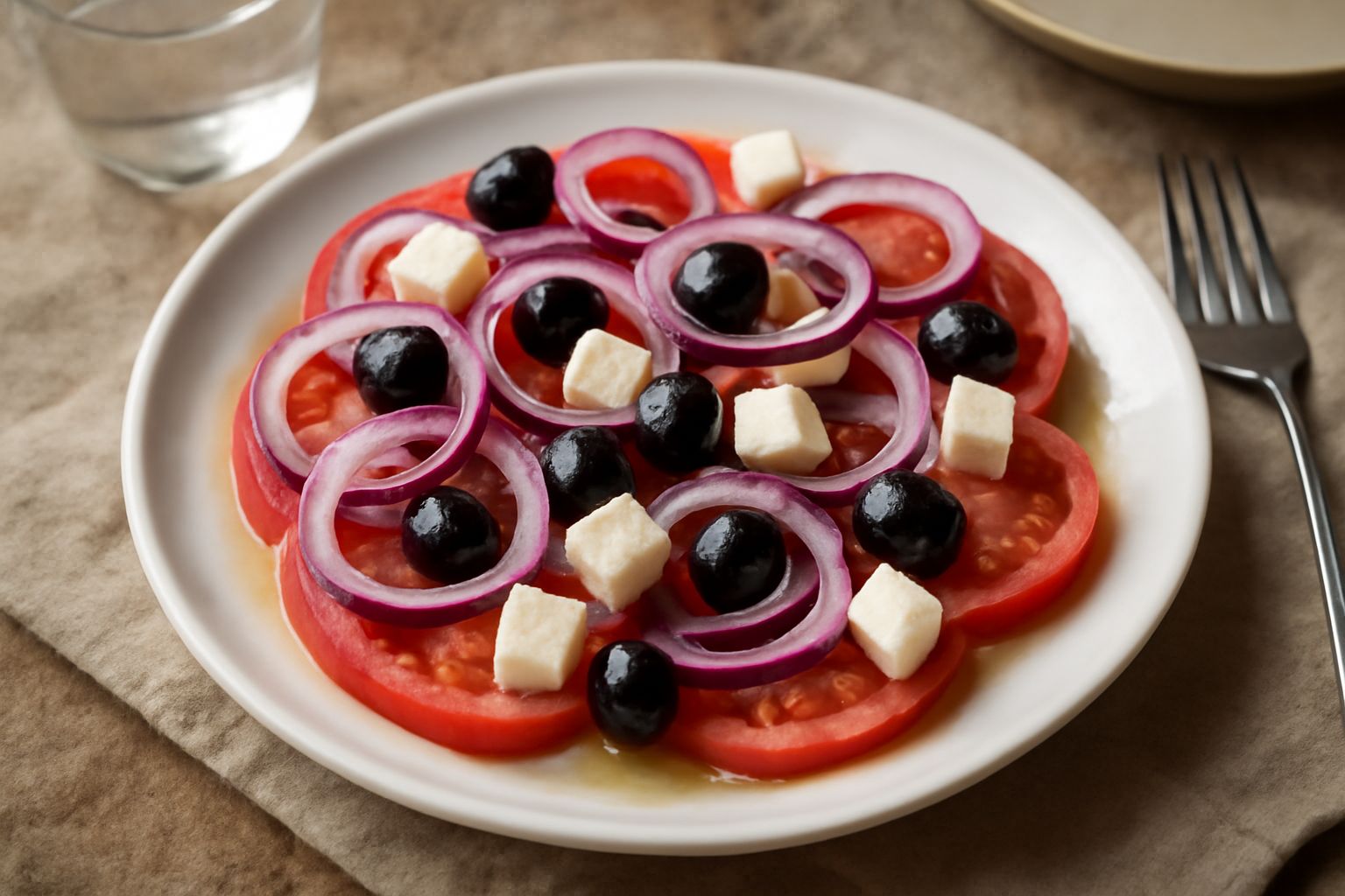 Insalata catanese servita in un piatto bianco: fette di pomodoro rosso vivo, cipolla rossa sottile, olive nere lucide, cubetti di formaggio bianco, il tutto condito con olio dorato, su sfondo neutro