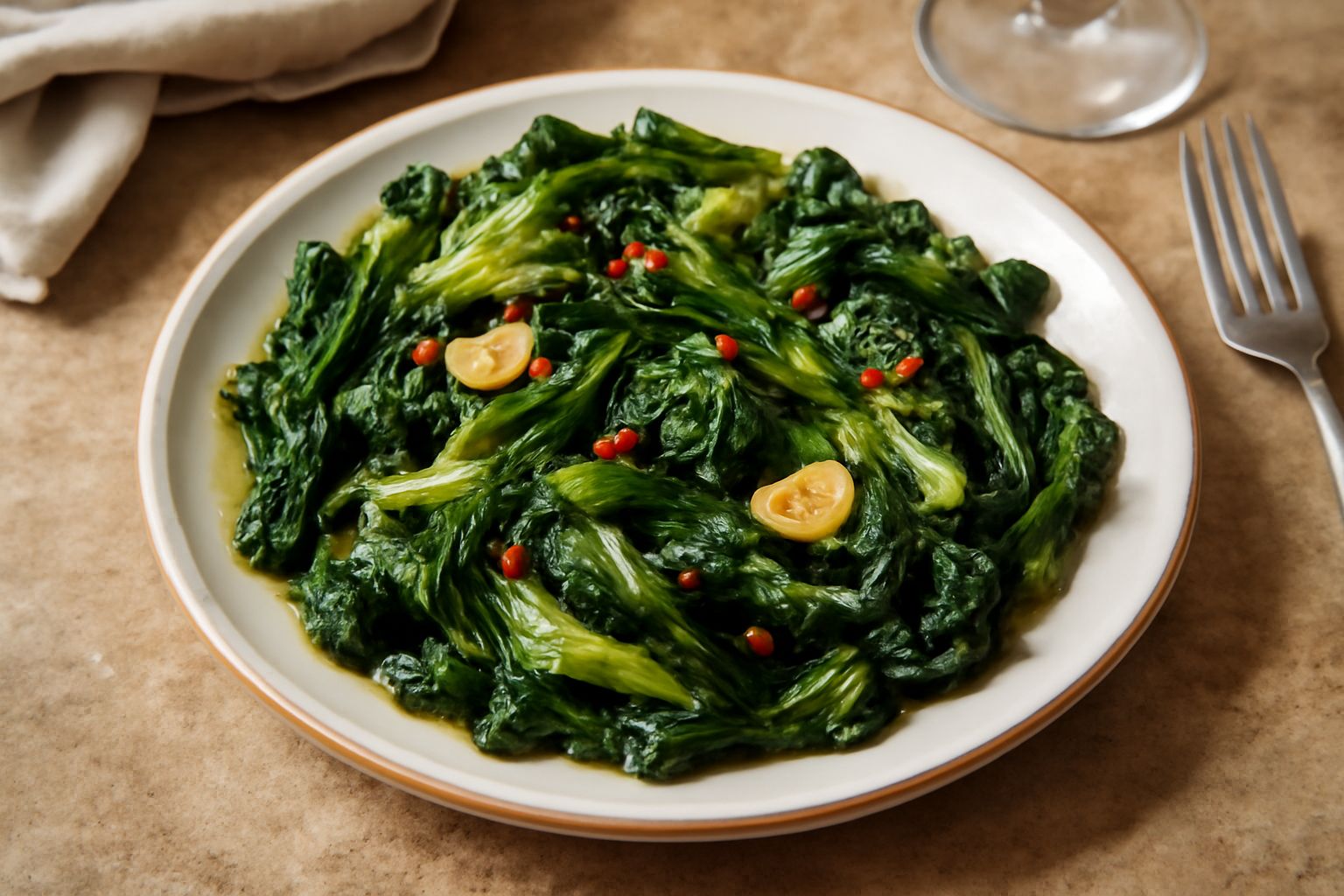 Insalata cotta di scarola in un piatto bianco, con foglie leggermente appassite di colore verde scuro, condite di olio d'oliva lucido, spicchi d'aglio dorati e peperoncino rosso visibile in superficie