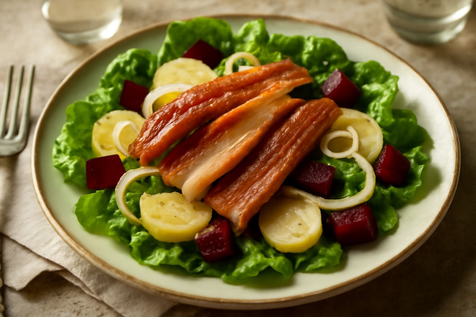 Insalata d'anguilla su piatto bianco: fette di anguilla affumicata dorate, lattuga verde, patate bollite, barbabietola rossa, cipolla fresca, condita con olio e aceto, garnita con prezzemolo