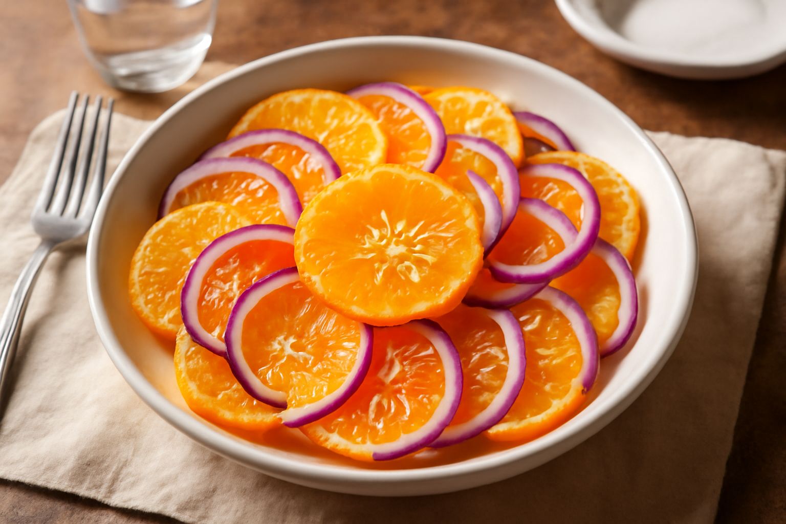 Insalata d'arance in ciotola di vetro trasparente: fette d'arancia giallo-arancio alternate con cipolla rossa sottile, oliva nera intera in superficie, gocce di olio lucido e fili di prezzemolo fresco