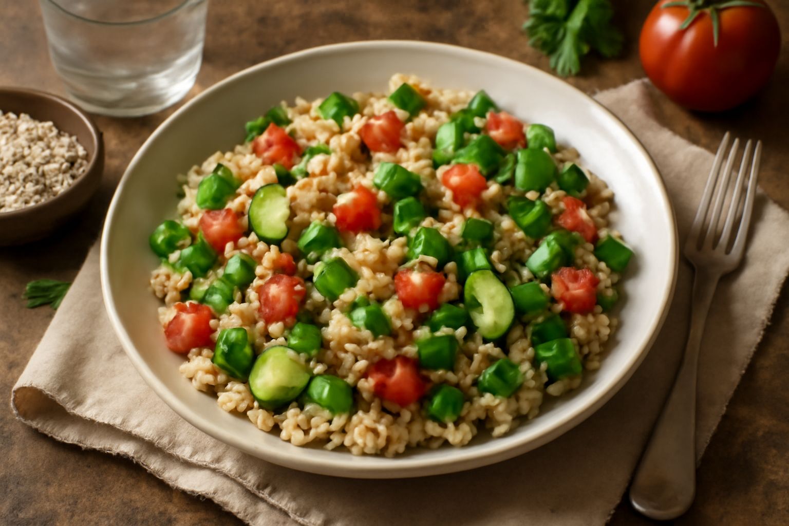 Insalata d'avena in una ciotola bianca: fiocchi d'avena beige e morbidi, pomodori rossi tagliati, cetriolo verde, carote arancioni affettate sottili, rucola, con vinaigrette chiara visibile sulla supe