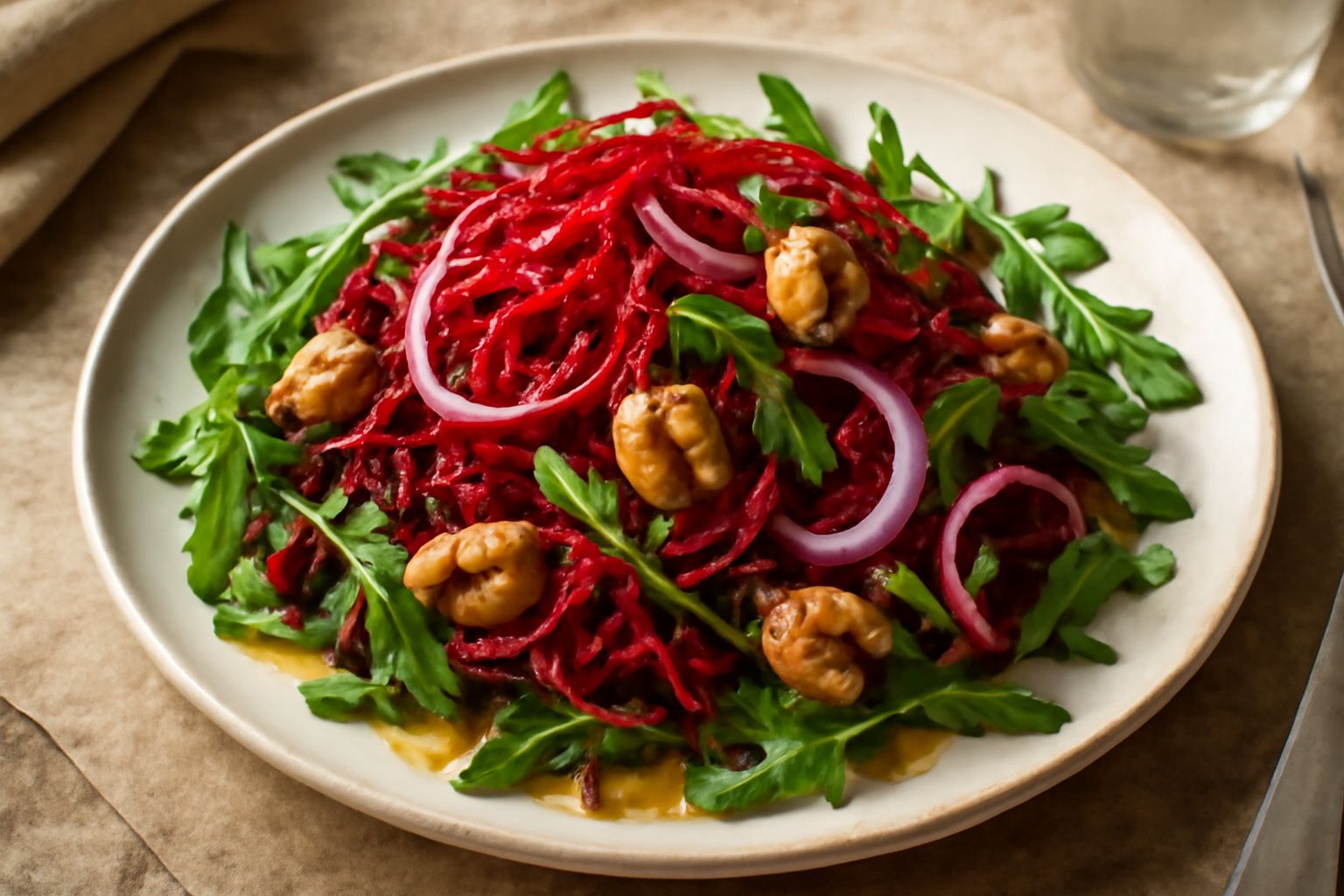 Insalata in ciotola bianca con barbabietola rossa a julienne, foglie di rucola verde scuro, noci spezzate, cipolla rossa in striscioline sottili, condimento brillante a base di olio, in piedi su tavol