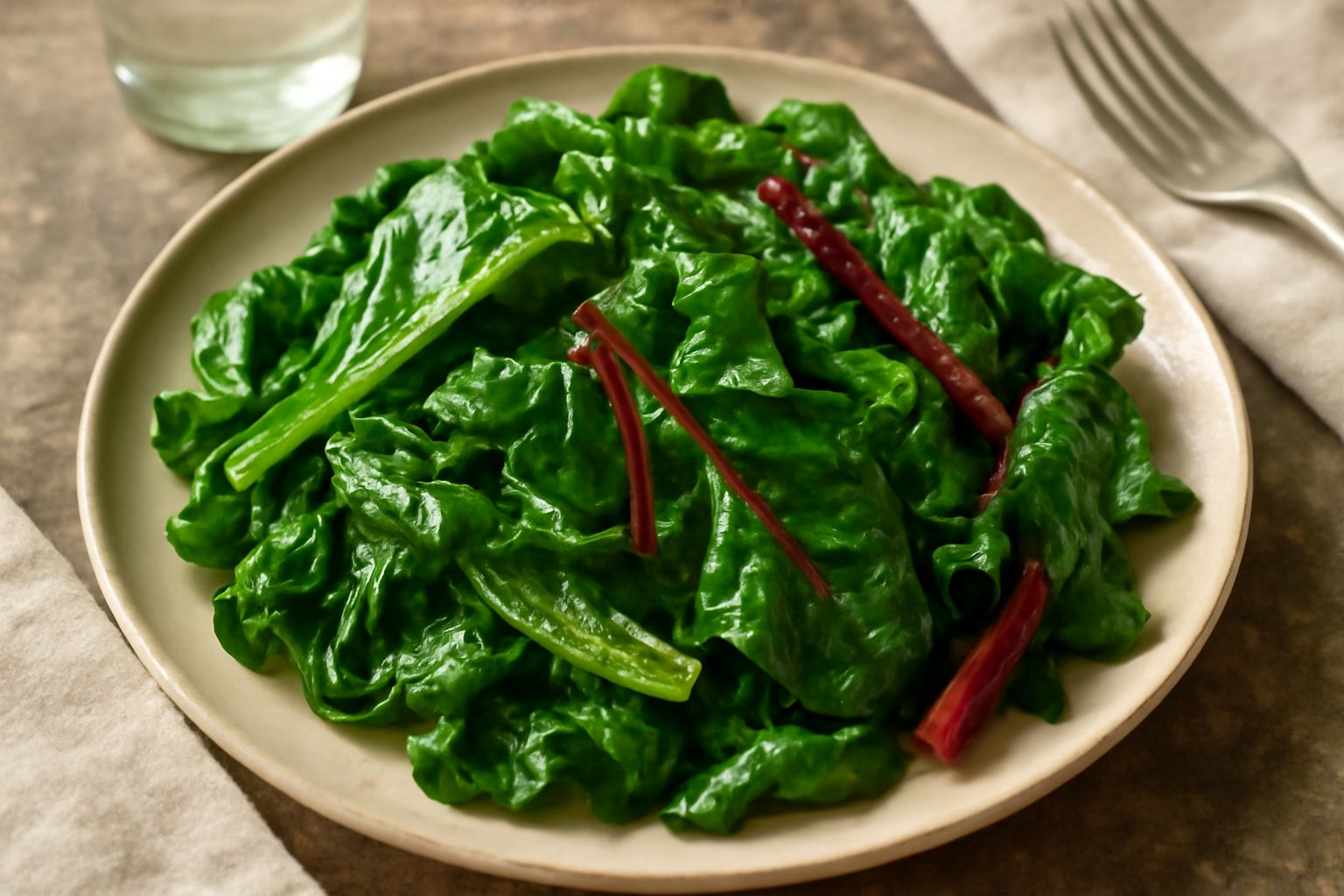 Insalata di bietola servita in una ciotola bianca, con foglie verde scuro croccanti, condita con olio d'oliva e limone, decorata con semi di girasole tostati e una fetta di limone sul bordo