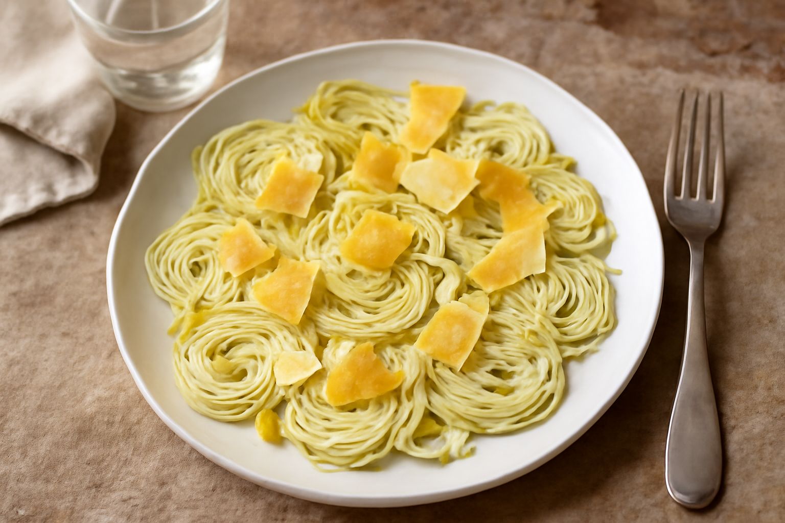 Insalata di carciofi crudi affettati sottilissimi in piatto bianco, di colore verde pallido tendente al bianco, con gocce di olio d'oliva lucido, scaglie di parmigiano e fettine di limone fresco, cont
