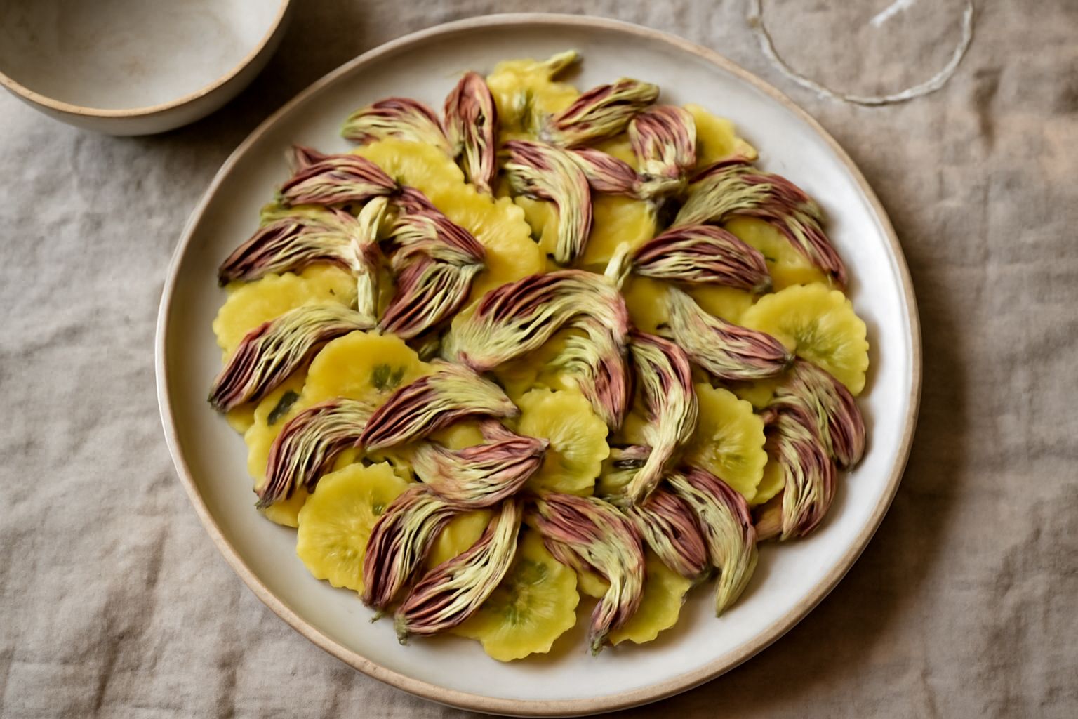 Insalata di carciofi e patate in un piatto bianco con verdure a fette alternate, carciofi violetti e patate gialle, condite con olio dorato e foglie di prezzemolo fresco