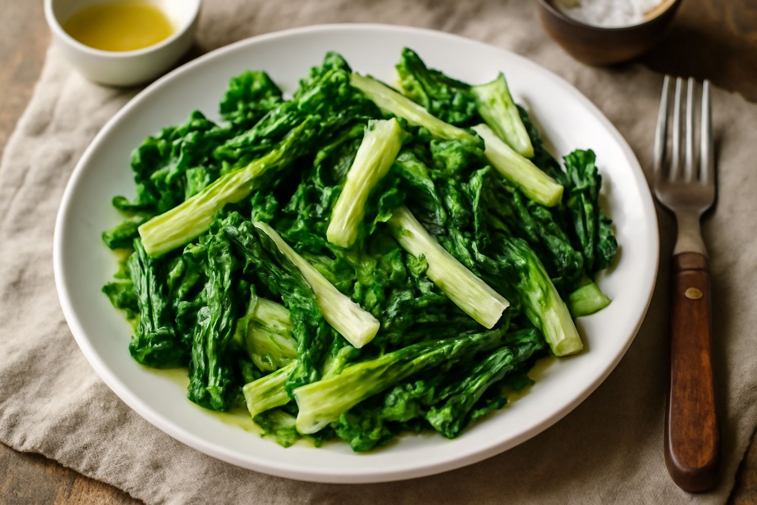Insalata di cicoria verde e bianca in una ciotola di ceramica bianca, condita con olio d'oliva e sale, con limone tagliato a metà sul bordo del piatto