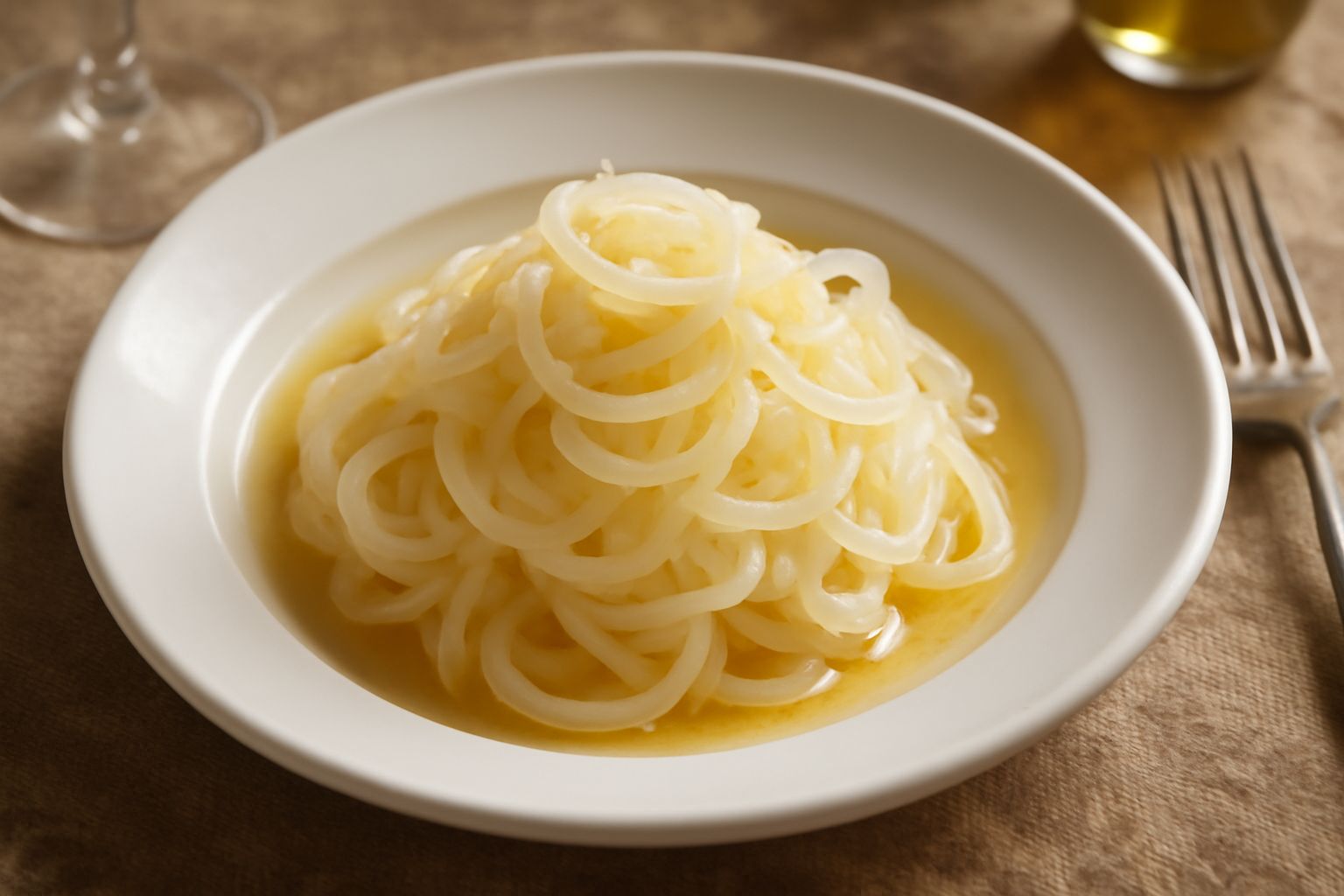 Insalata di cipolla in una ciotola bianca larga, cipolla tagliata a fette sottili e trasparenti, condita con olio dorato e aceto, una spolverata di sale grosso, foglie verdi di prezzemolo fresco sulla