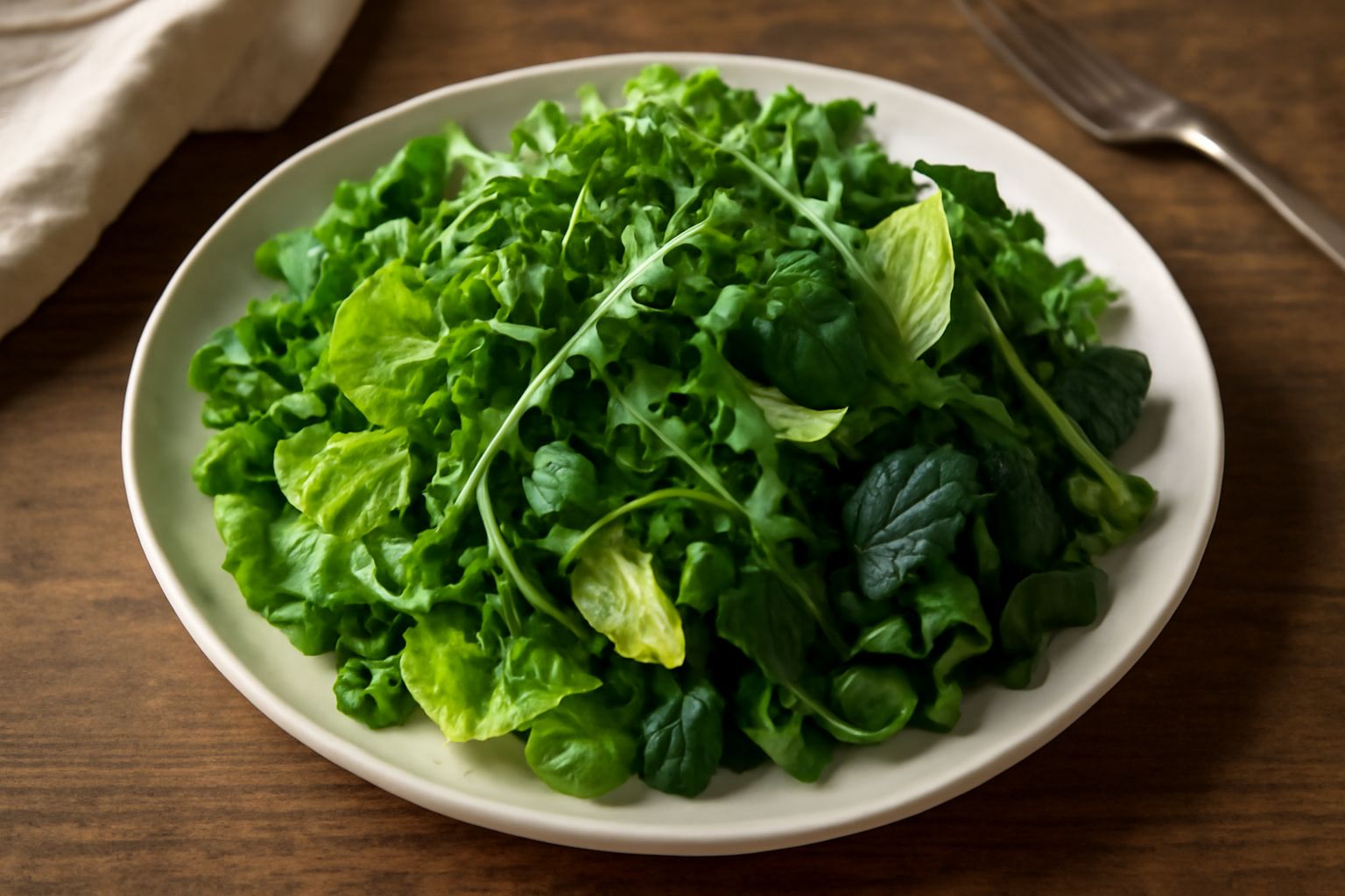 Insalata de erbas servita in un piatto bianco: mix di lattuga verde, rucola, indivia belga e erbe selvatiche, leggermente brillante di olio, con fette di limone fresco nel bordo
