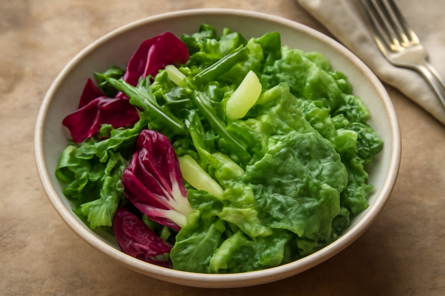 Insalata di erbe amare in ciotola bianca: foglie verdi scuro, rosse e bianche di radicchio, cicoria e altre verdure amare, condite con olio leggero, limone e mandorle tostate