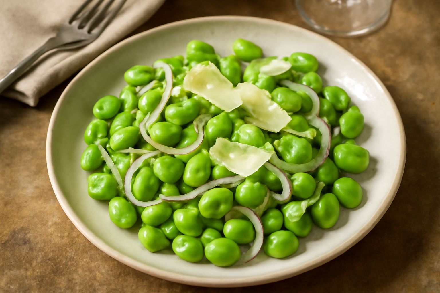 Insalata di fave in piatto bianco: fave sbucciate verde brillante, fette sottili di cipolla bianca, scaglie di pecorino giallo, olio lucido sulla superficie, servito da vicino