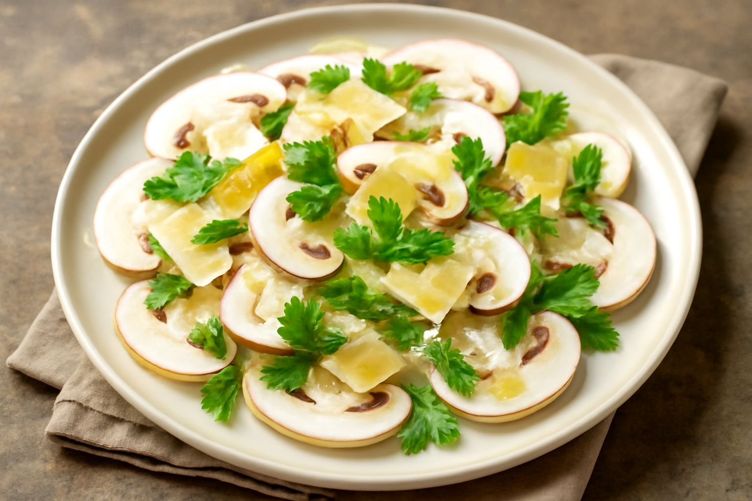 Insalata di funghi prataioli e porcini affettati sottili, bianchi e beige, disposti in un piatto bianco con lamelle di parmigiano dorate sparse, gocce di olio verdastro e foglie di prezzemolo fresco v