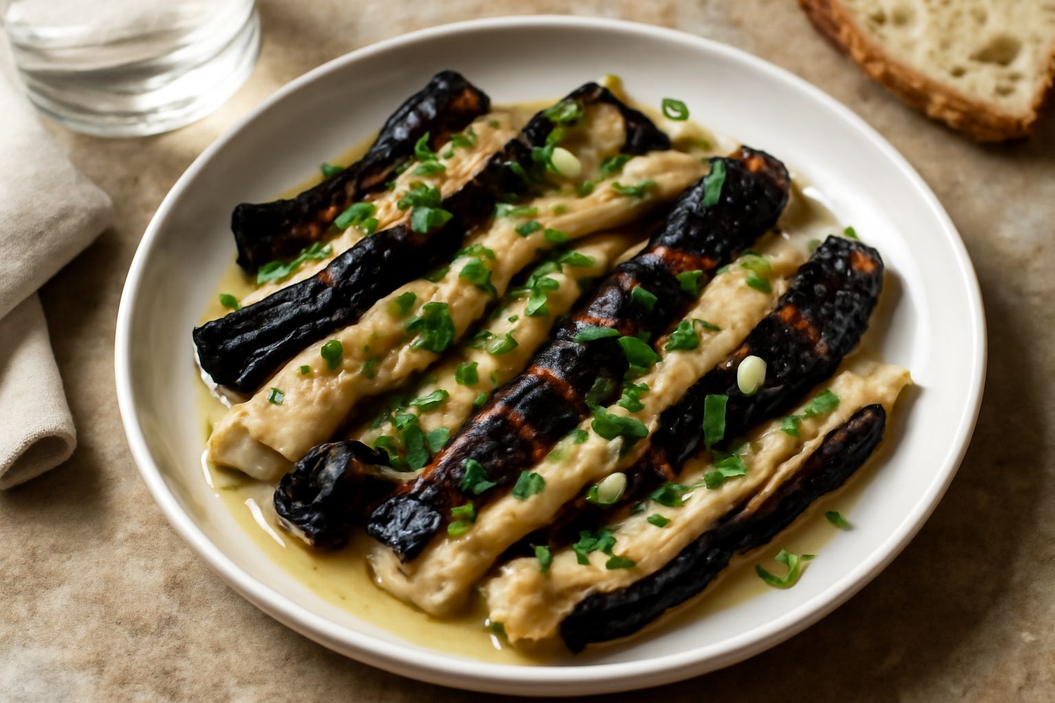Insalata di melanzana affumicata in piatto bianco: strisce di melanzane color melanzano scuro con sfumature grigie dalla grigliatura, cosparse di prezzemolo verde fresco, condite con gocce di olio tra