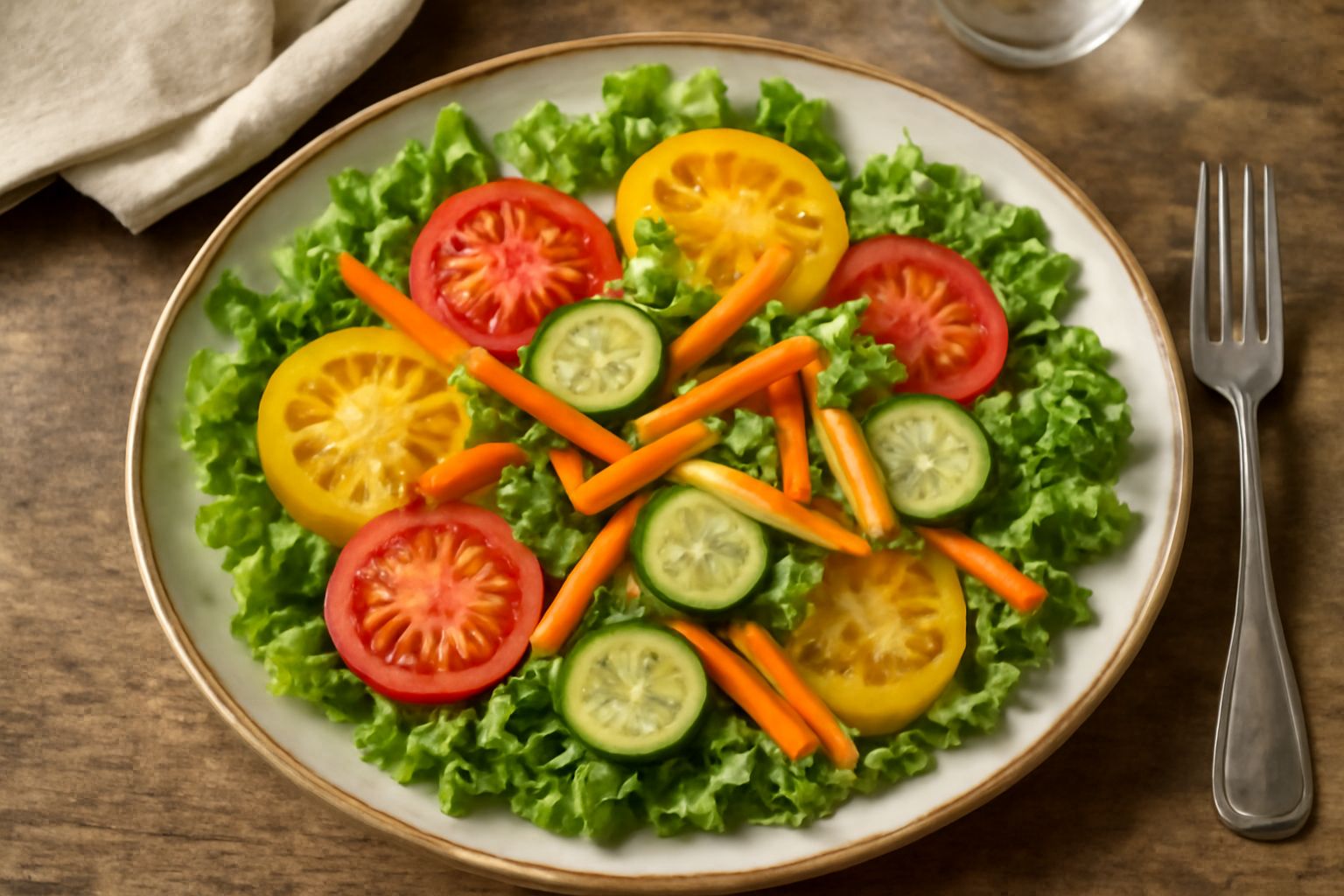 Insalata in ciotola larga bianca con lattuga verde, pomodori rossi a fette, cetrioli, carote tagliate a bastoncini, cipolla rossa e foglie di basilico fresco, condita con gocce di olio dorato