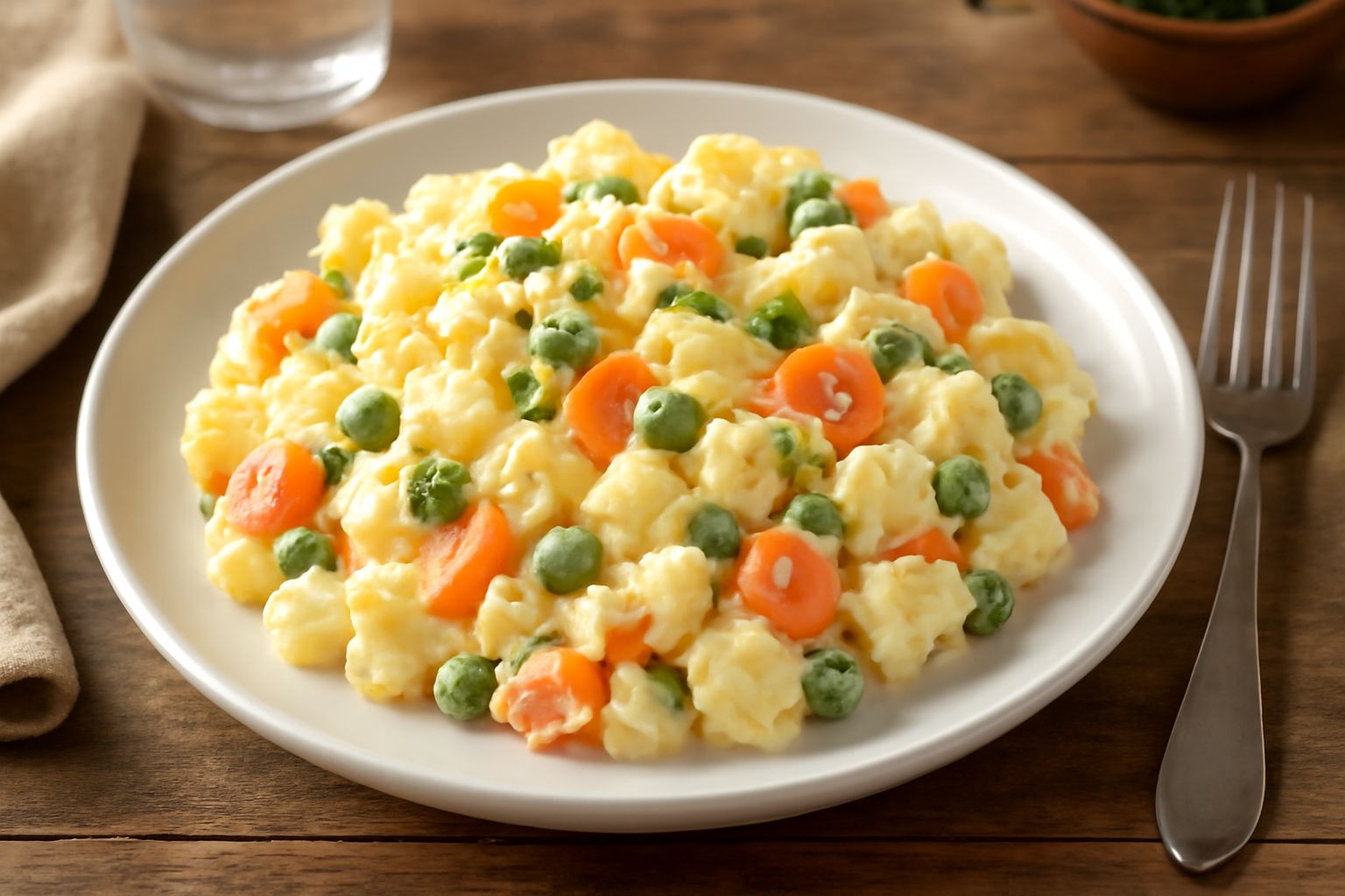Insalata di patate servita in una ciotola bianca, con cubetti di patata gialla, pezzetti di uovo sodo bianco e giallo, julienne di carota arancione, erba cipollina verde fresca e una nota di maionese 