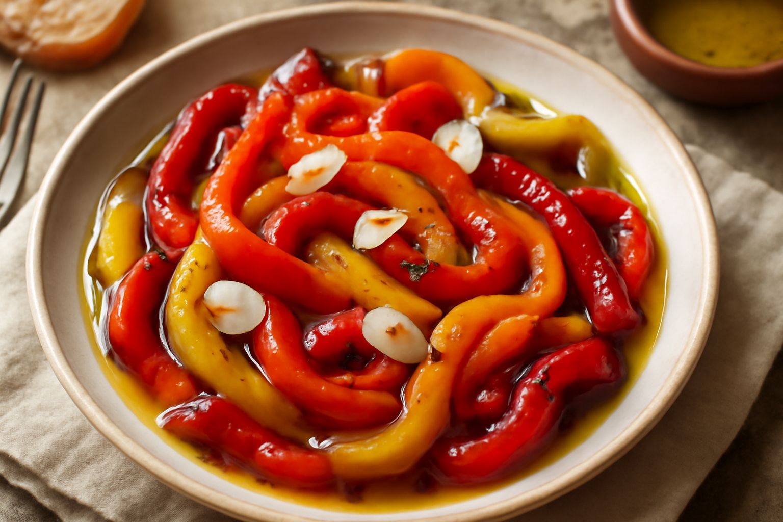Insalata di peperoni arrostiti rossi, gialli e neri affettati sottili in un piatto bianco, con aglio a fettine, petrolio lucido e prezzemolo fresco sparso in superficie