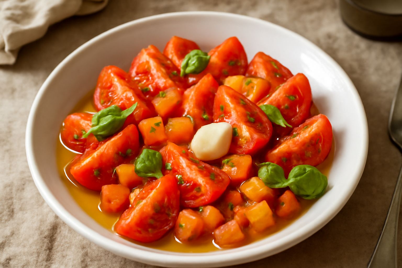 Insalata di pomodori rossi e gialli tagliati a spicchi in una ciotola bianca, guarnita con foglie di basilico verde intenso e filo di olio extravergine dorato, su tavolo di legno naturale con luce nat