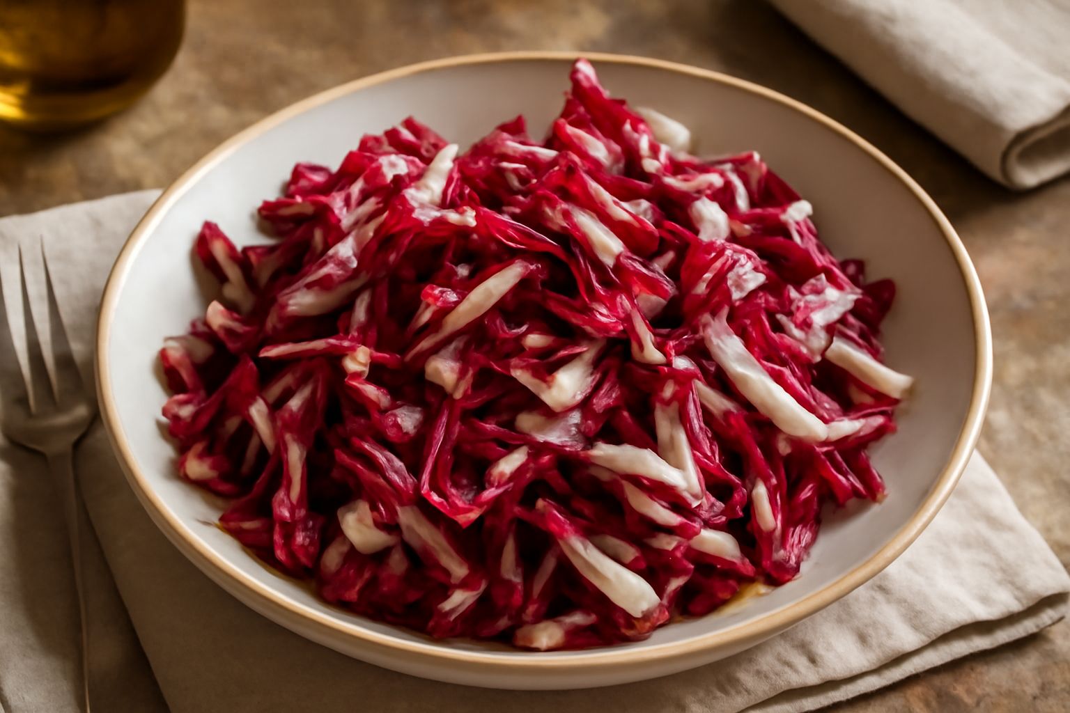 Insalata di radicchio rosso tagliato in strisce sottili su un piatto bianco, condita con olio d'oliva dorato e qualche goccia di aceto balsamico, foglie croccanti ben visibili
