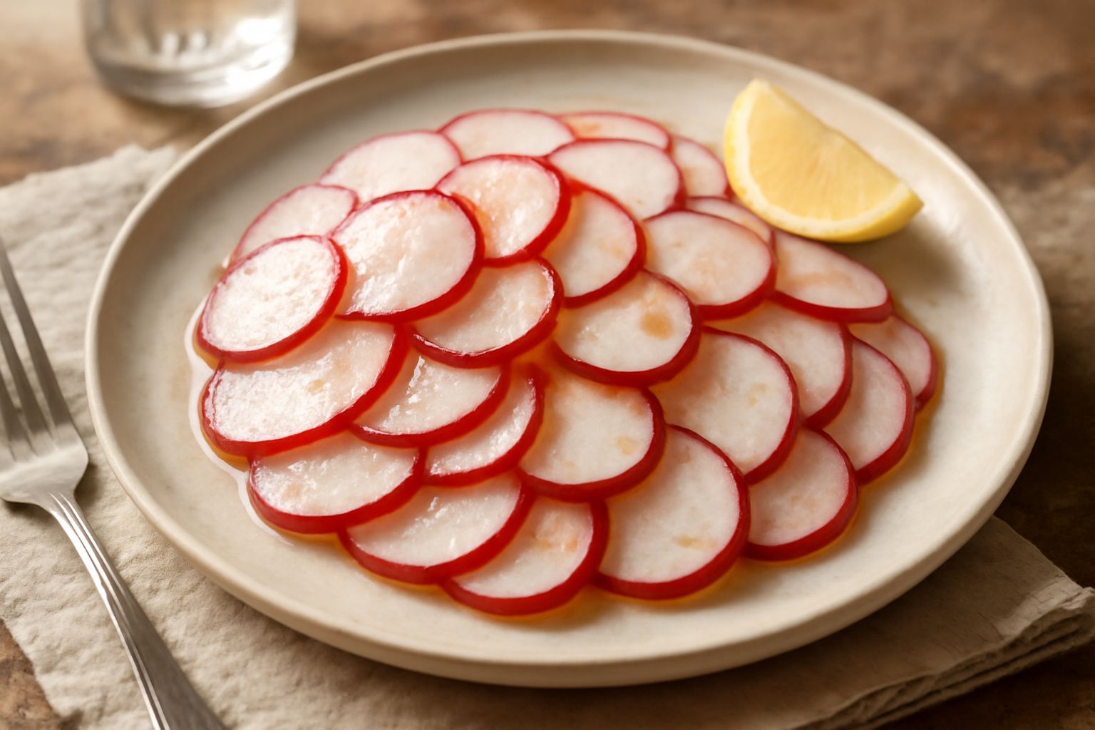Insalata di rapanelli affettati finissimi di colore rosso e bianco, disposti in un piatto bianco, conditi con gocce di olio d'oliva dorato e una spolverata di sale marino grosso
