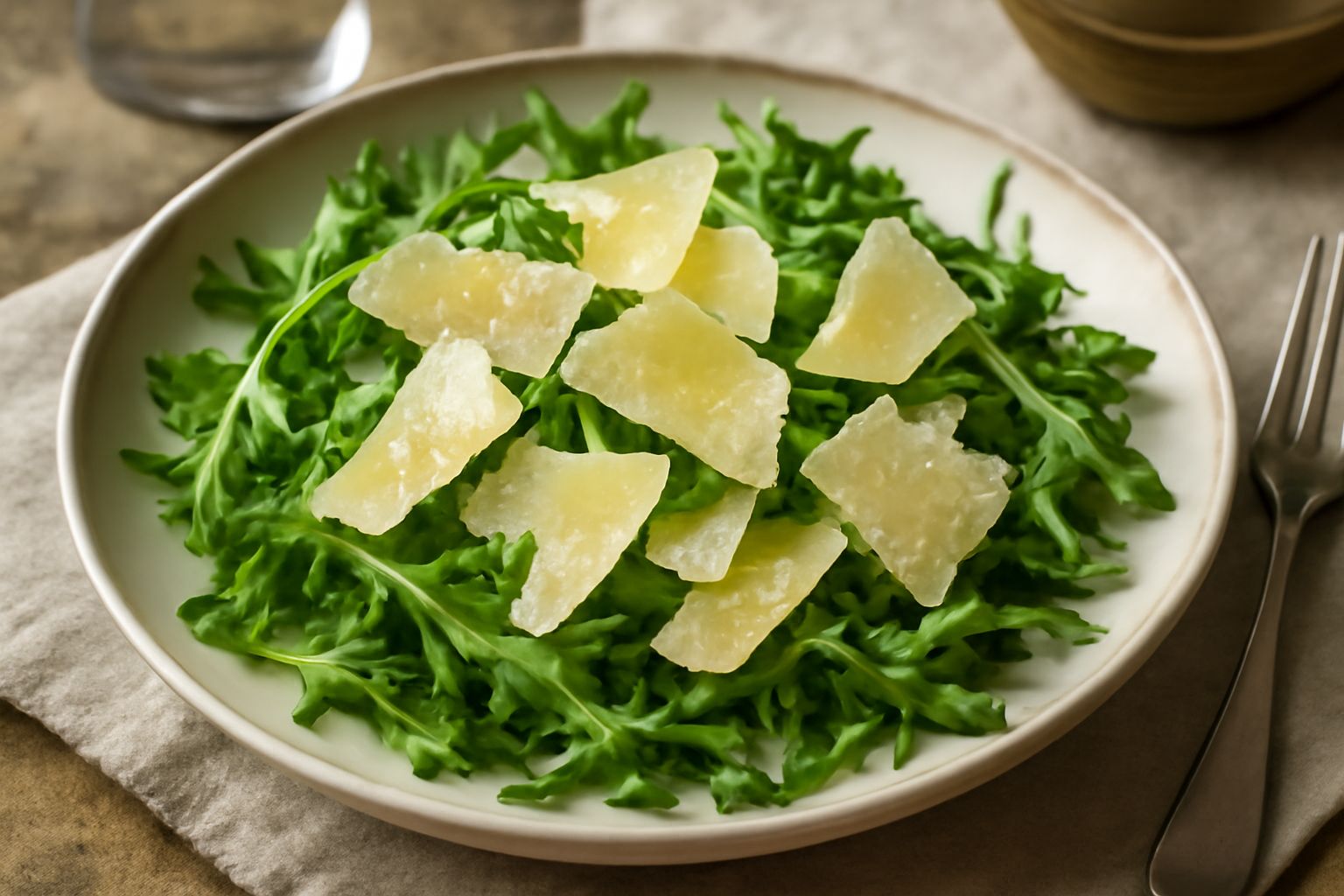 Insalata in ciotola bianca con foglie di rucola verde intenso, scaglie dorate di pecorino romano, drizzate di olio d'oliva color ambra e gocce di limone, servita su piatto di ceramica grigia